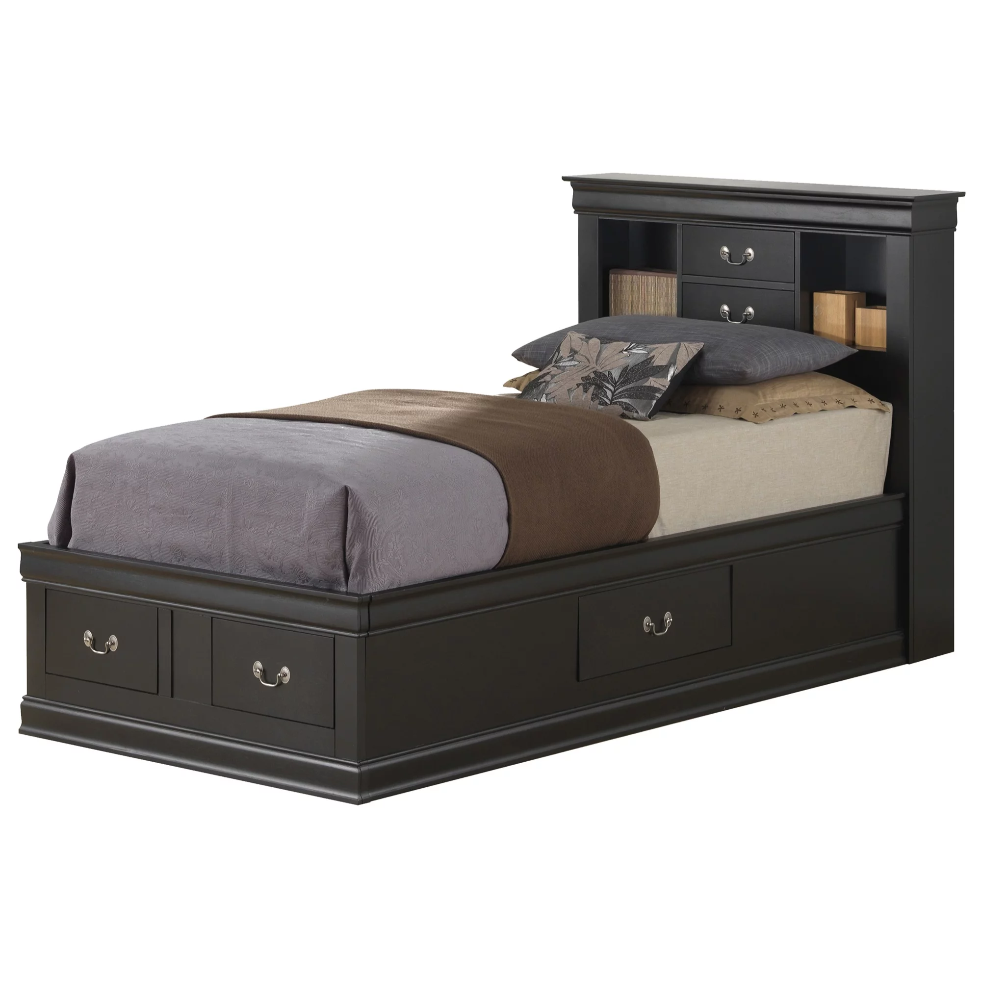 Passion Furniture Louis Philippe Black Twin Storage Platform Bed with 6 Storage Drawers