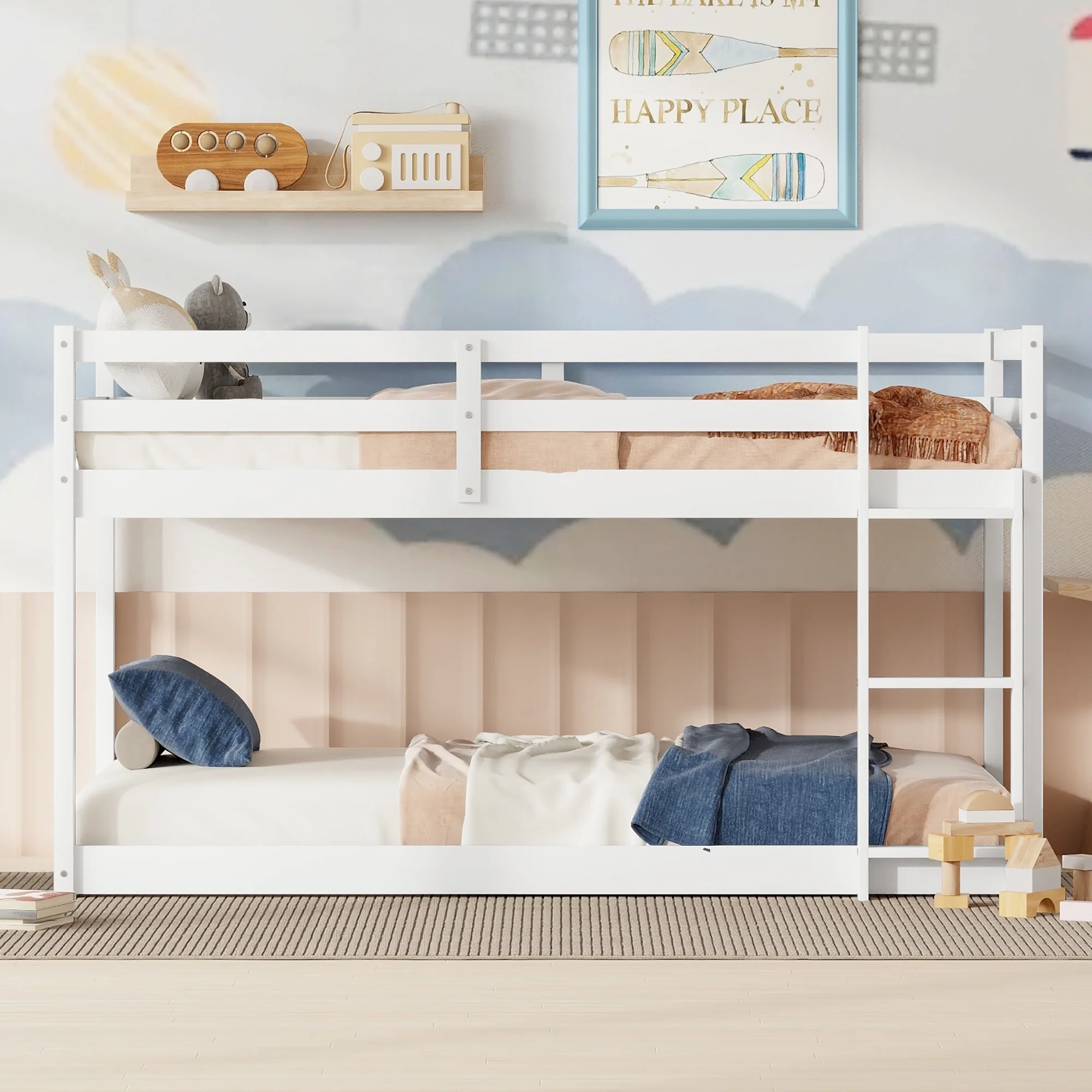 Merax Twin over Twin Floor Bunk Beds with Ladder and Guardrail, White
