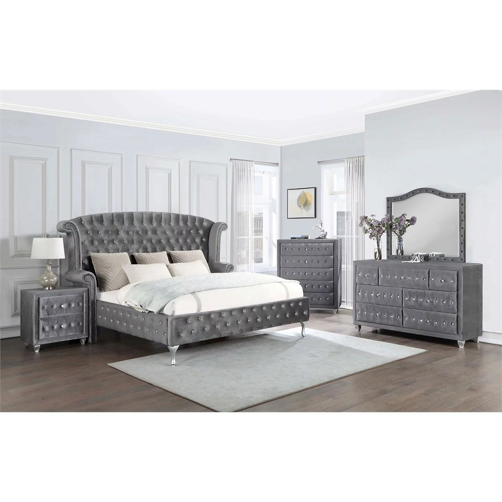 Maklaine 5-piece Velvet Tufted California King Bedroom Set in Gray