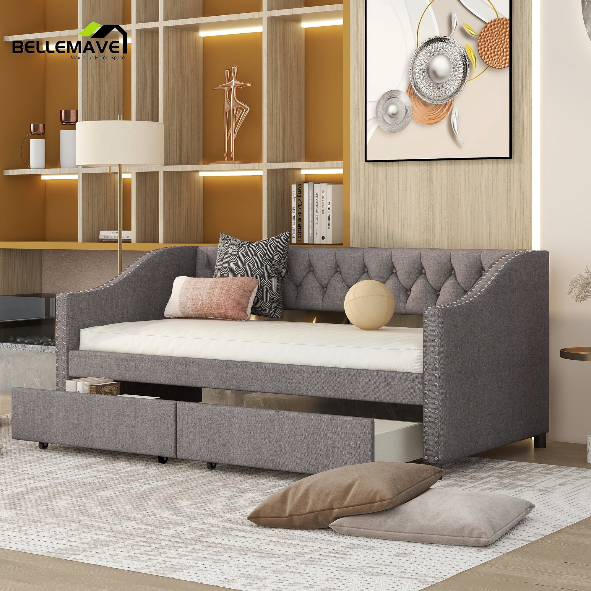 Bellemave Upholstered Twin Daybed with Storage Drawers, Tufted Sofa Bed with Rivet Trim for Living Room, Guest Room, Study (Gray)