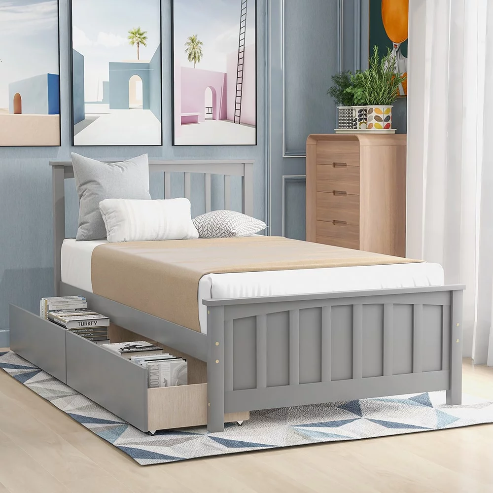 Bedroom Furniture Twin size Platform Bed with Two Drawers White