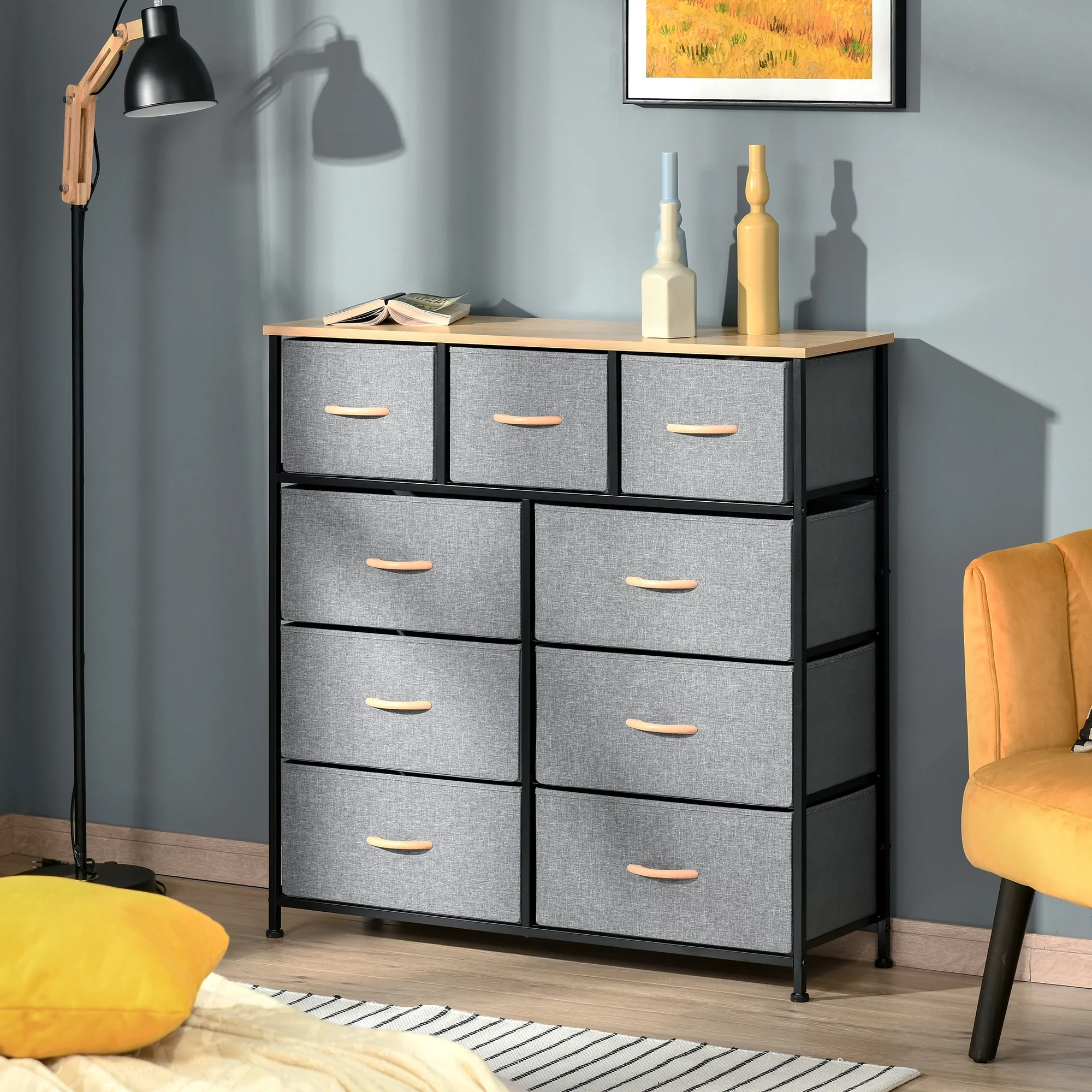 HOMCOM 9 Drawers Storage Chest Dresser Organizer Unit w/ Steel Frame, Wood Top, Easy Pull Fabric Bins, for Bedroom, Hallway, Closet, Entryway, Oak & Grey
