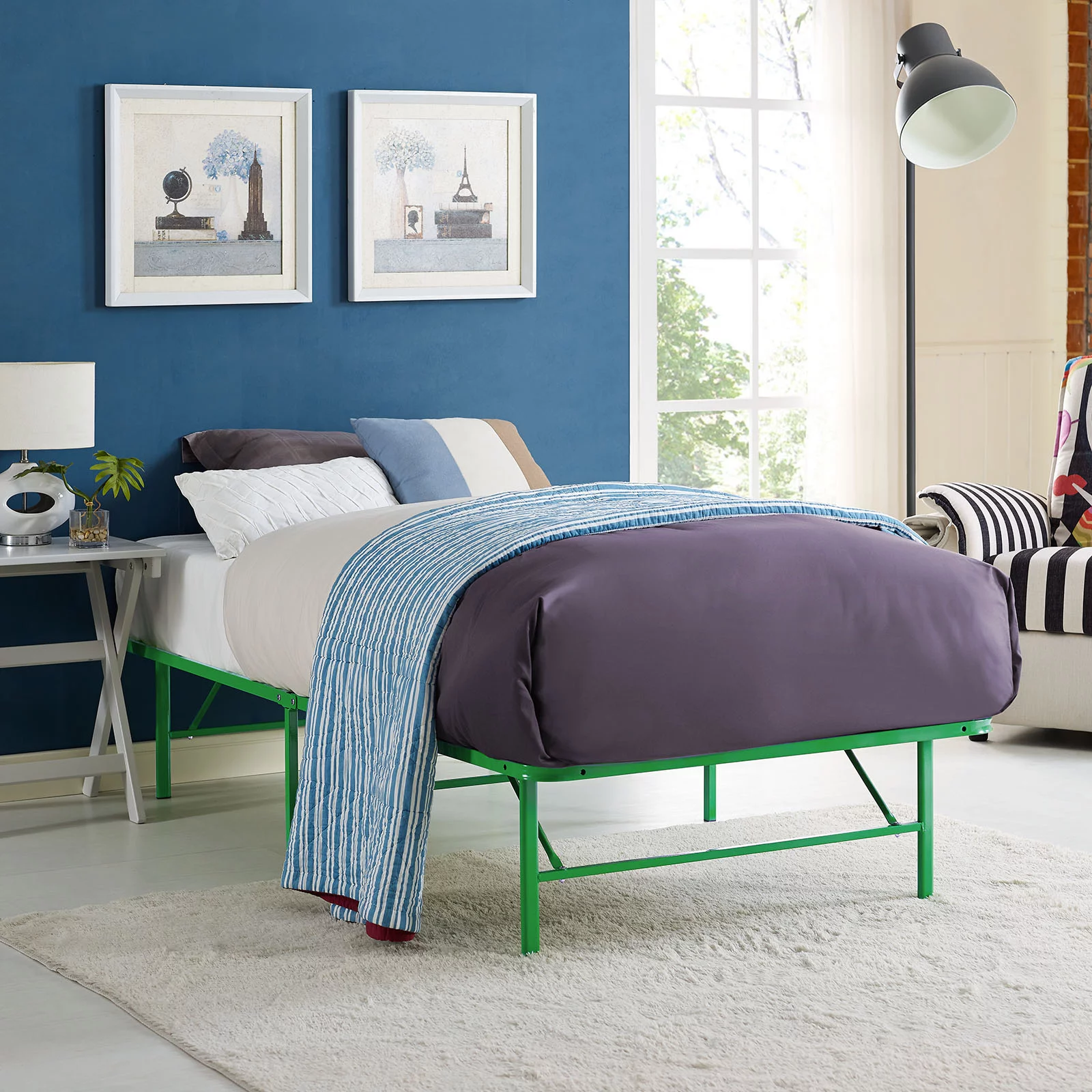 Modern Contemporary Urban Design Bedroom Twin Size Platform Bed Frame, Green, Metal Steel