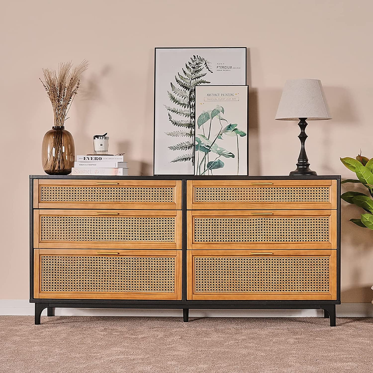 AMERLIFE Rattan Dresser with 6 Drawers for Living Room, Entryway, Hallway, Black