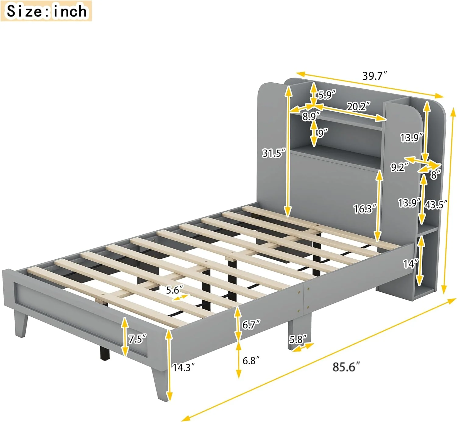 Bed Frames With Storage Headboard, Wood Kids Size Platform Bed With Multiple Storage Shelves O Both Sides, Storage Bed Frame For Girls Boys Bedroom, Grey