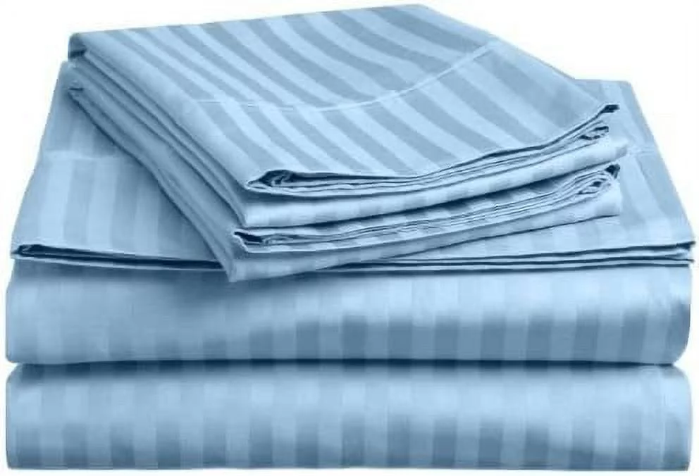 Amay 100% Cotton 600-Thread Count 4-PCs Sheet Set Easily Fit upto 21 Inch Deep Pockets Stripe Emperor, Light Blue