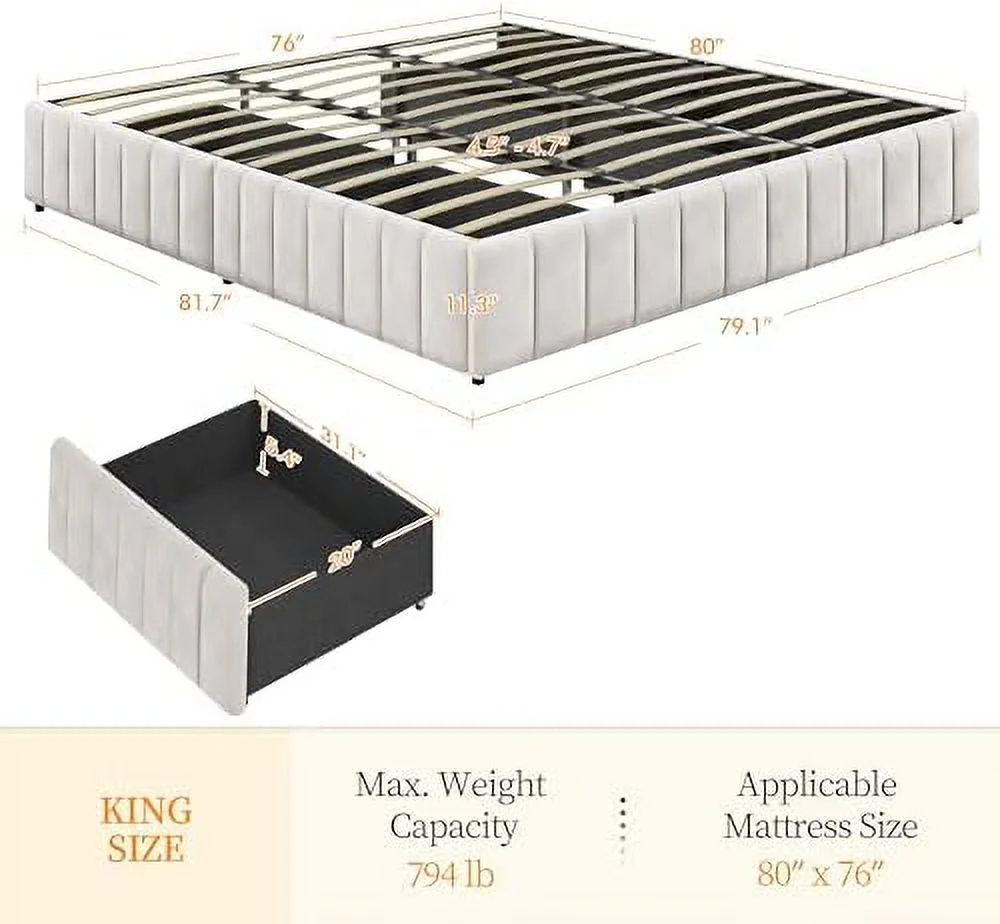 KHBIULIFE King Bed Frame Upholstered Platform Bed with 4  Drawers  Large  Space/Strong Wooden Slats/Non-Slip and Noise-Free/No Fixed Headboard/No Box Spring Needed/Dark Gray King Bed