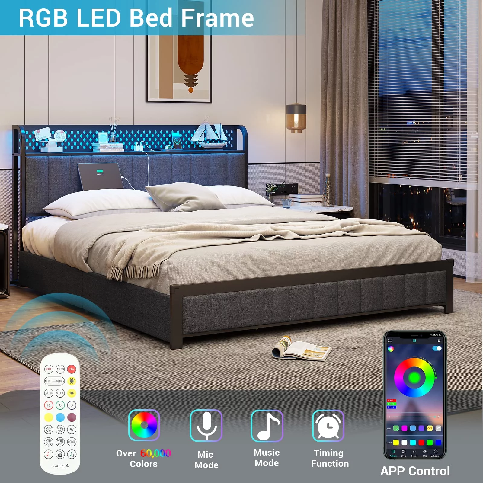 EPHEX Queen Bed Frame with Drawers, Upholstered Metal Platform Bed Frame with USB Ports and Charging Outlets, Dark Gray