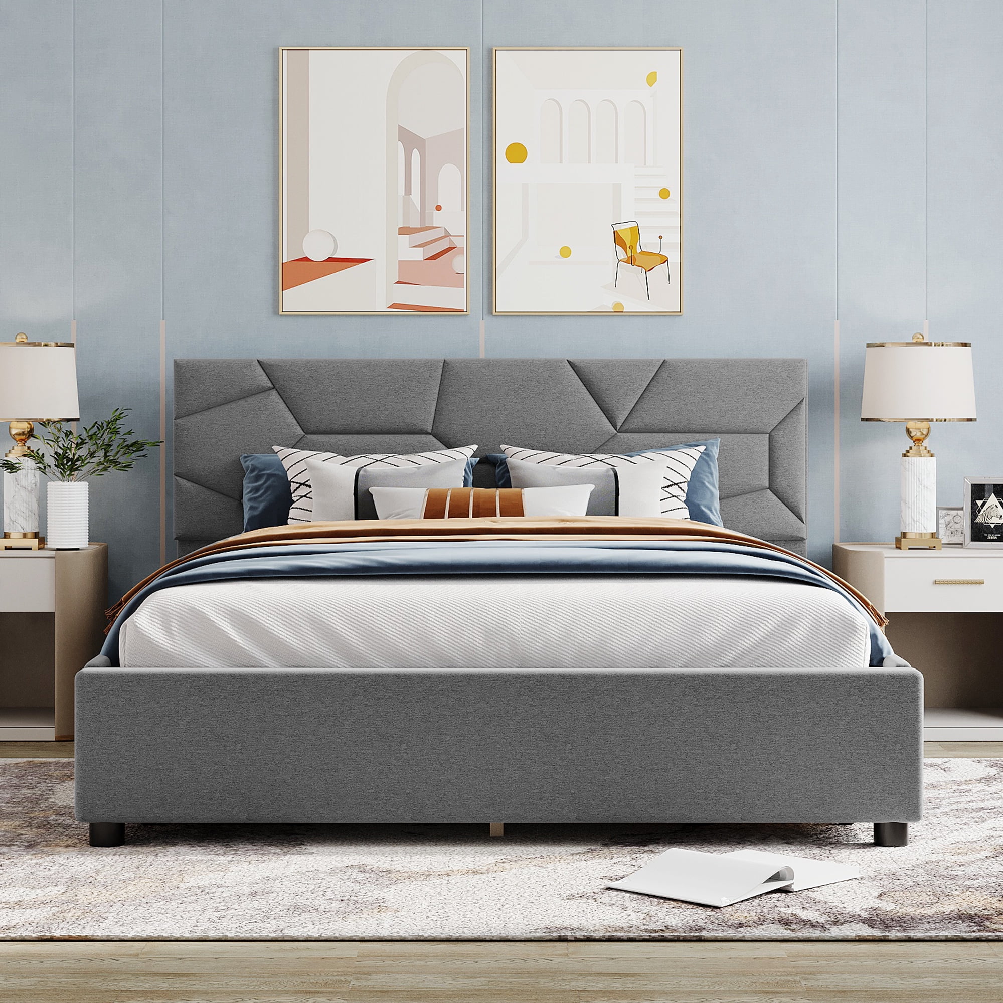 Queen Size Upholstered Platform Bed with Brick Pattern Headboard and 4 Drawers, Linen Fabric, Gray