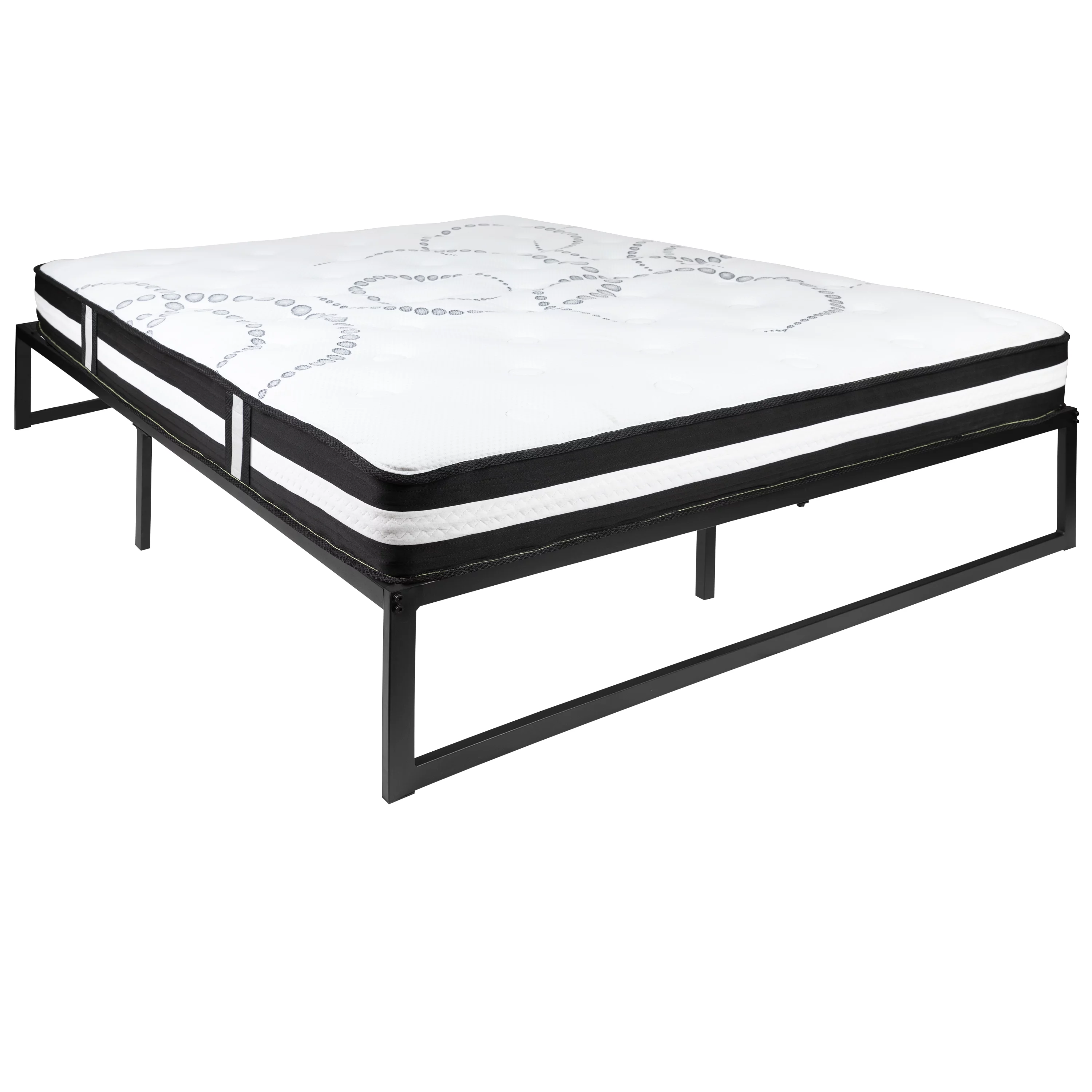 BizChair 14 Inch Metal Platform Bed Frame with 12 Inch Pocket Spring Mattress in a Box (No Box Spring Required) - Queen