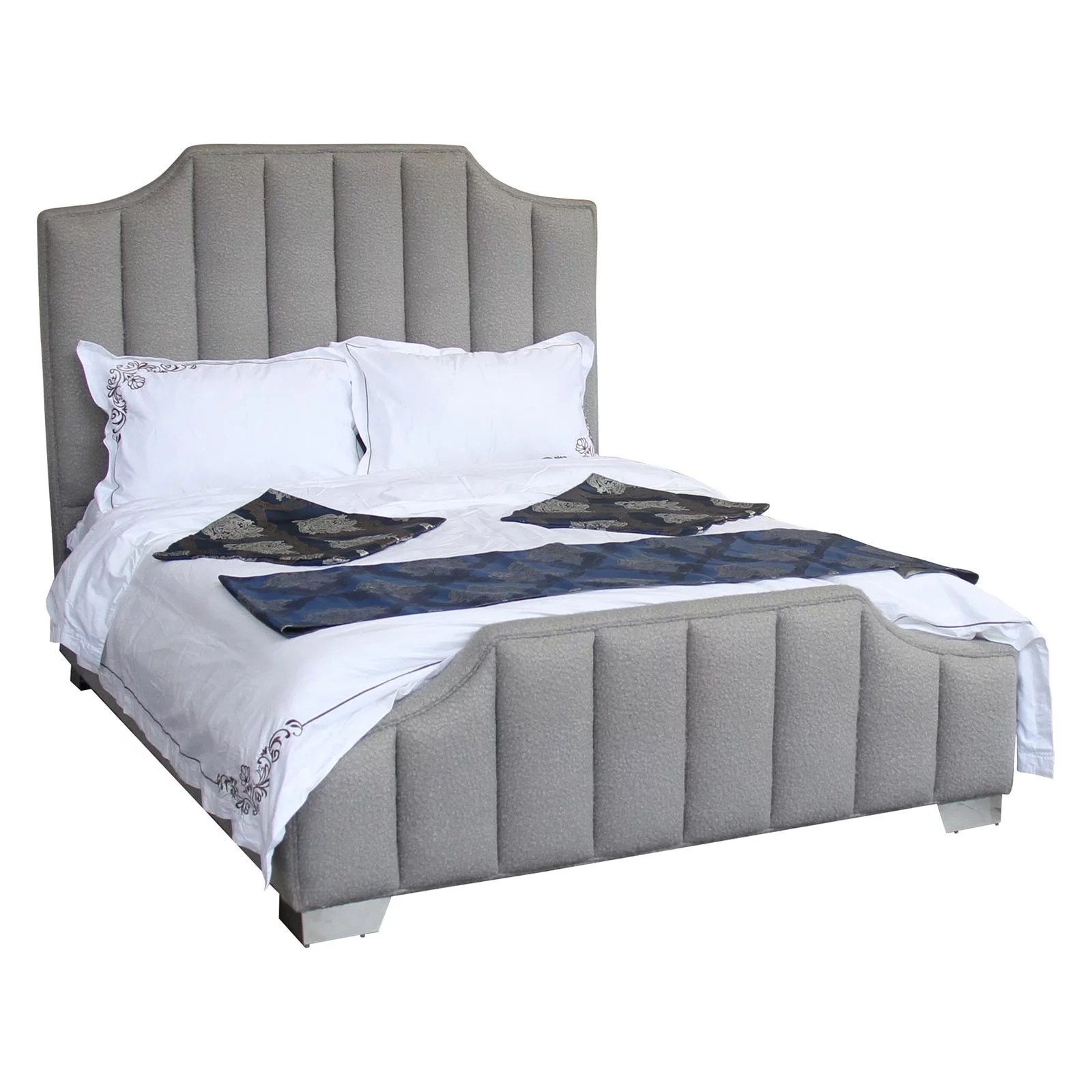 Camelot Contemporary Queen Bed with Polished Stainless Steel and Grey Fabric