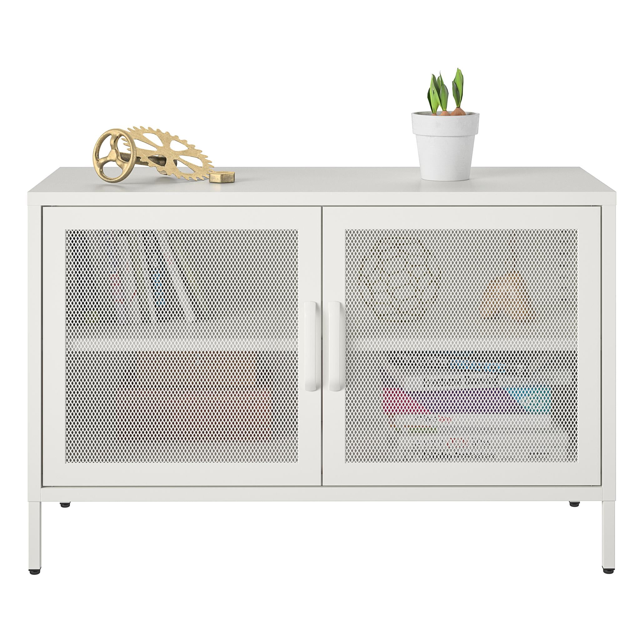 RealRooms Shadwick 2 Door Wide Metal Locker Accent Cabinet-Mesh Metal Doors, Soft White