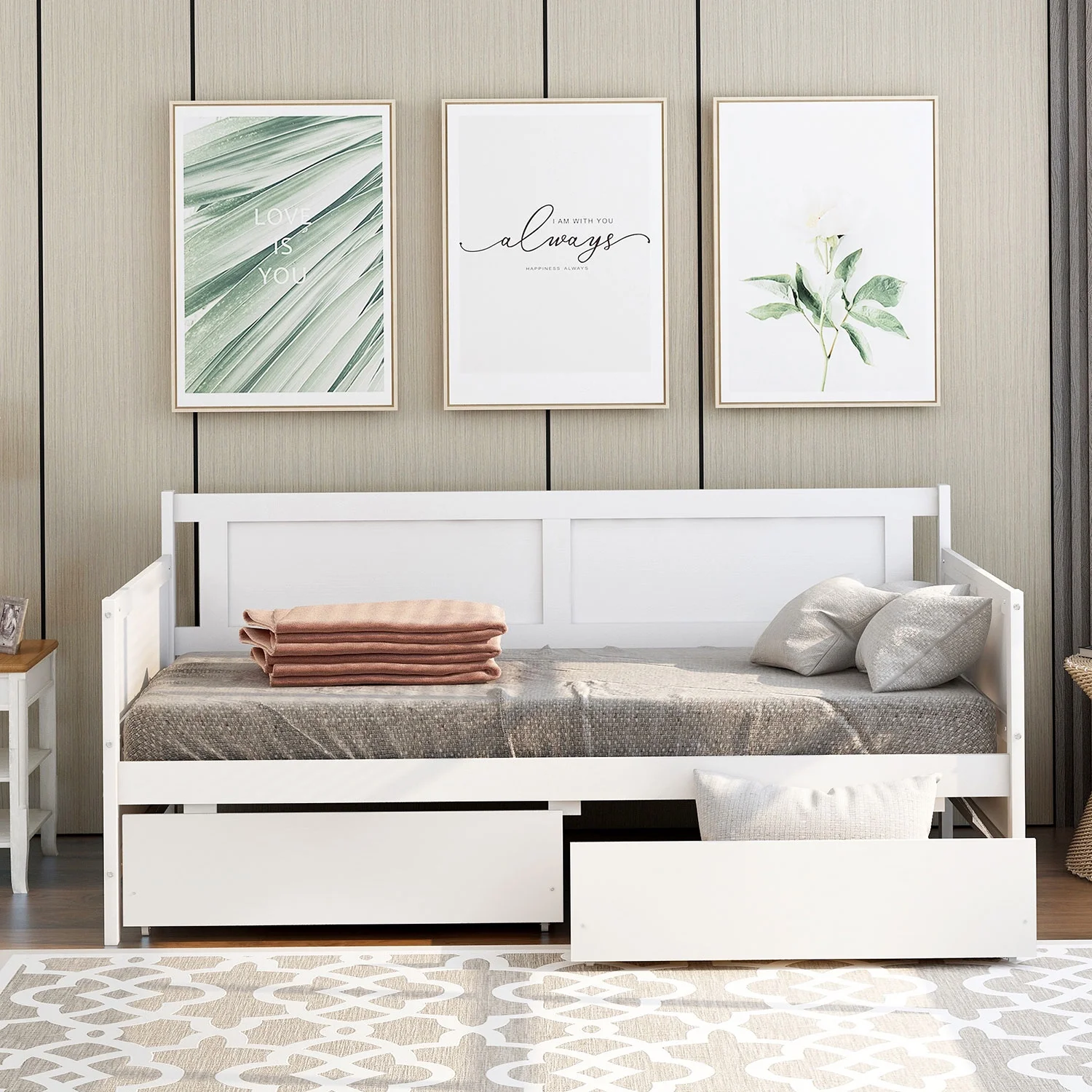 Royard Oaktree Twin Size Daybed with Two Storage Drawers Wood Sofa Bed for Bedroom, Living Room, No Box Spring Needed, White