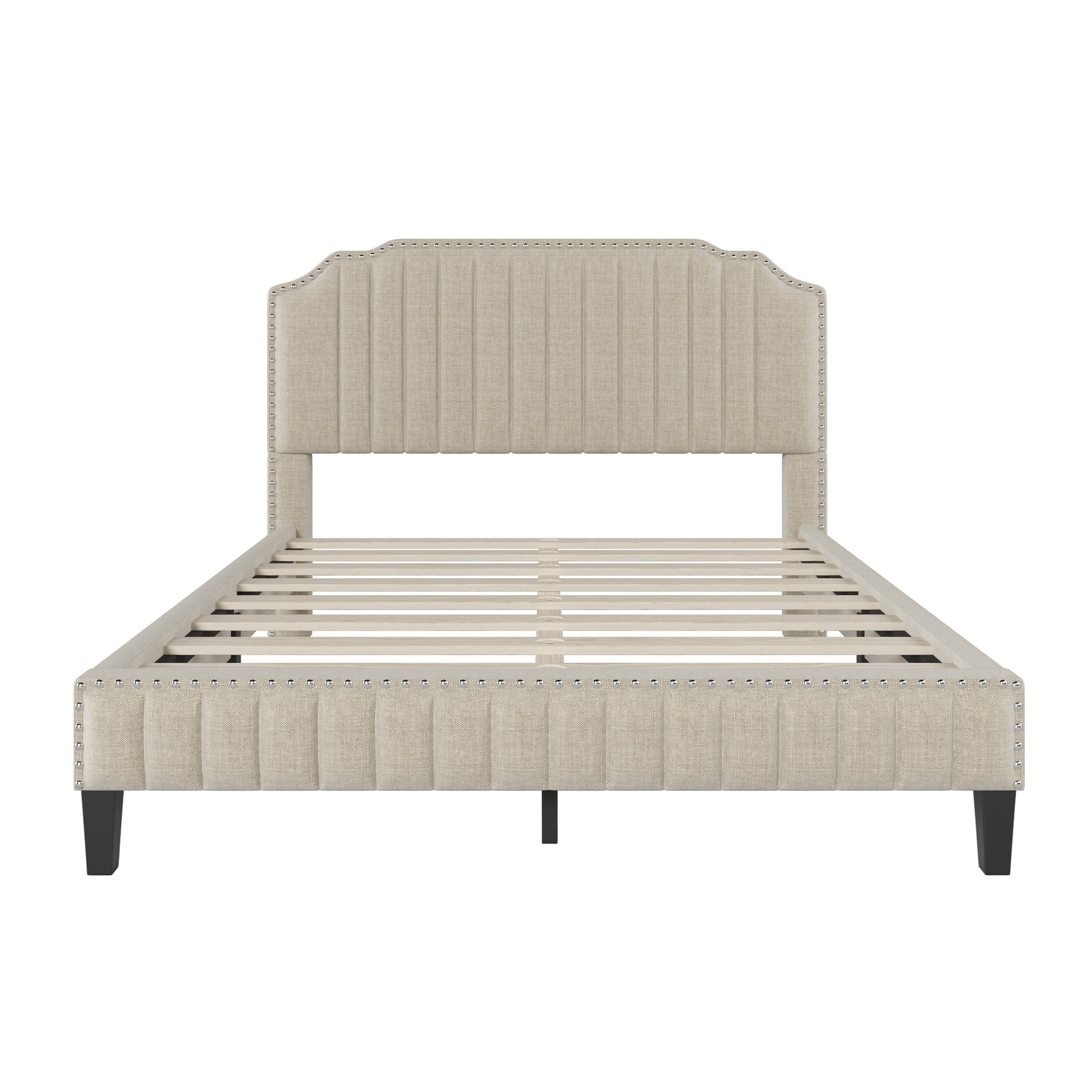 Modern Velvet Curved Upholstered Platform Bed Queen/Beige