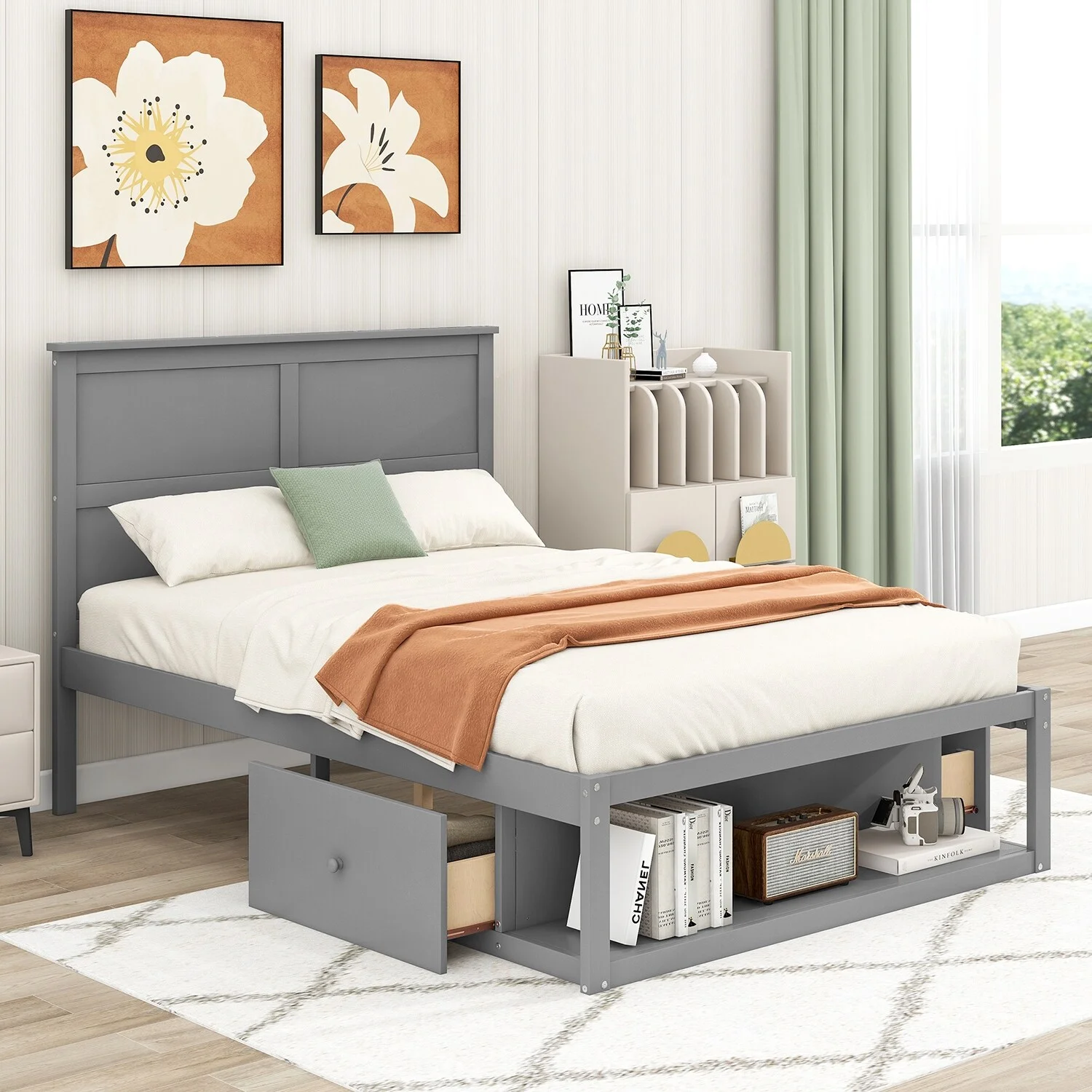 LivEditor Full Size Platform Bed with 2 Drawers and Shelf Grey
