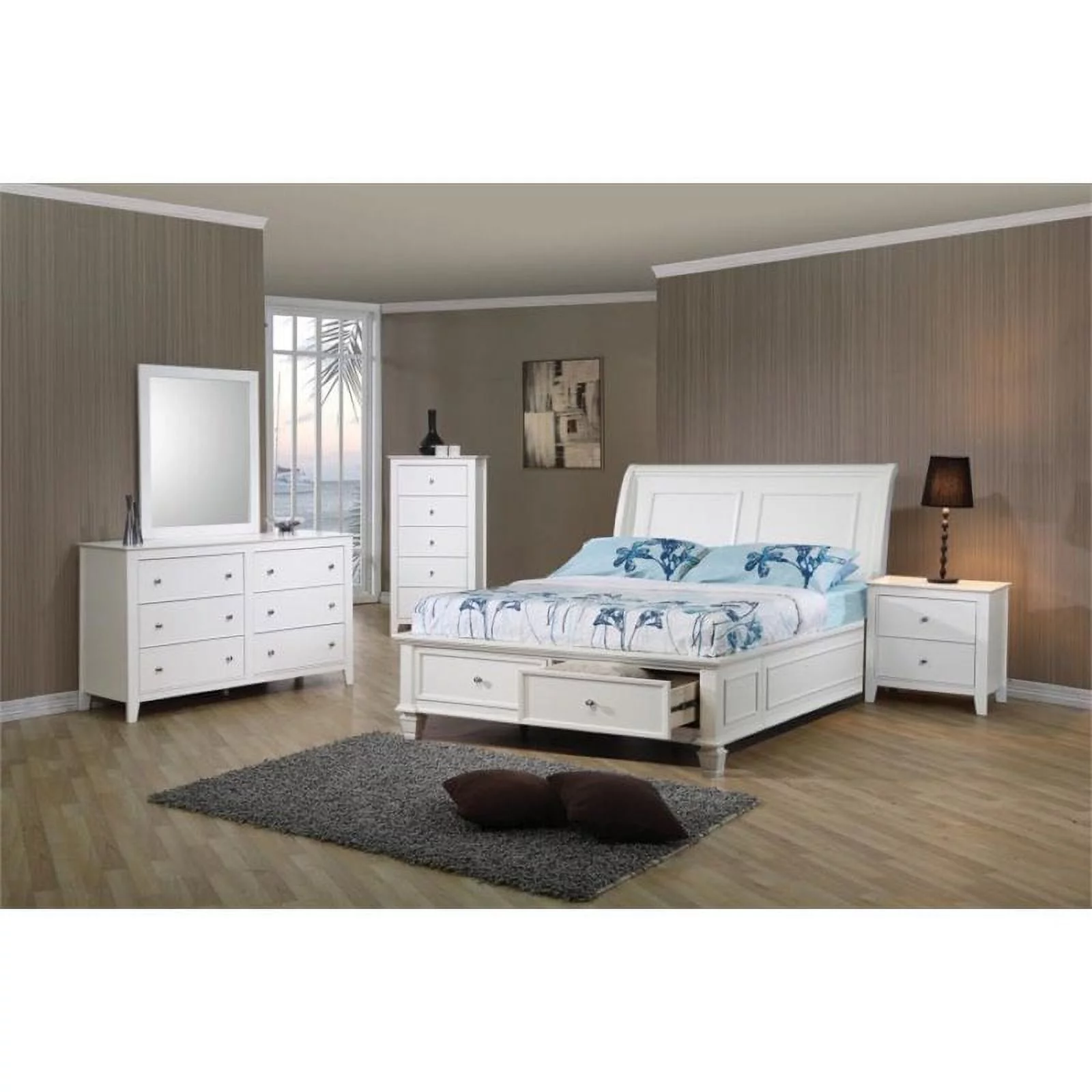 Bowery Hill Traditional 4 Piece Full Storage Sleigh Bedroom Set in White
