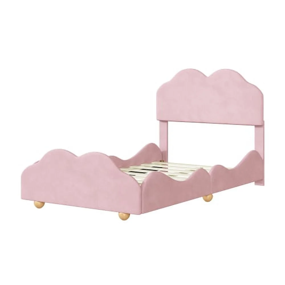Motent Twin Size Upholstered Platform Bed with Cloud Shaped bed board, Light Pink, 78.1