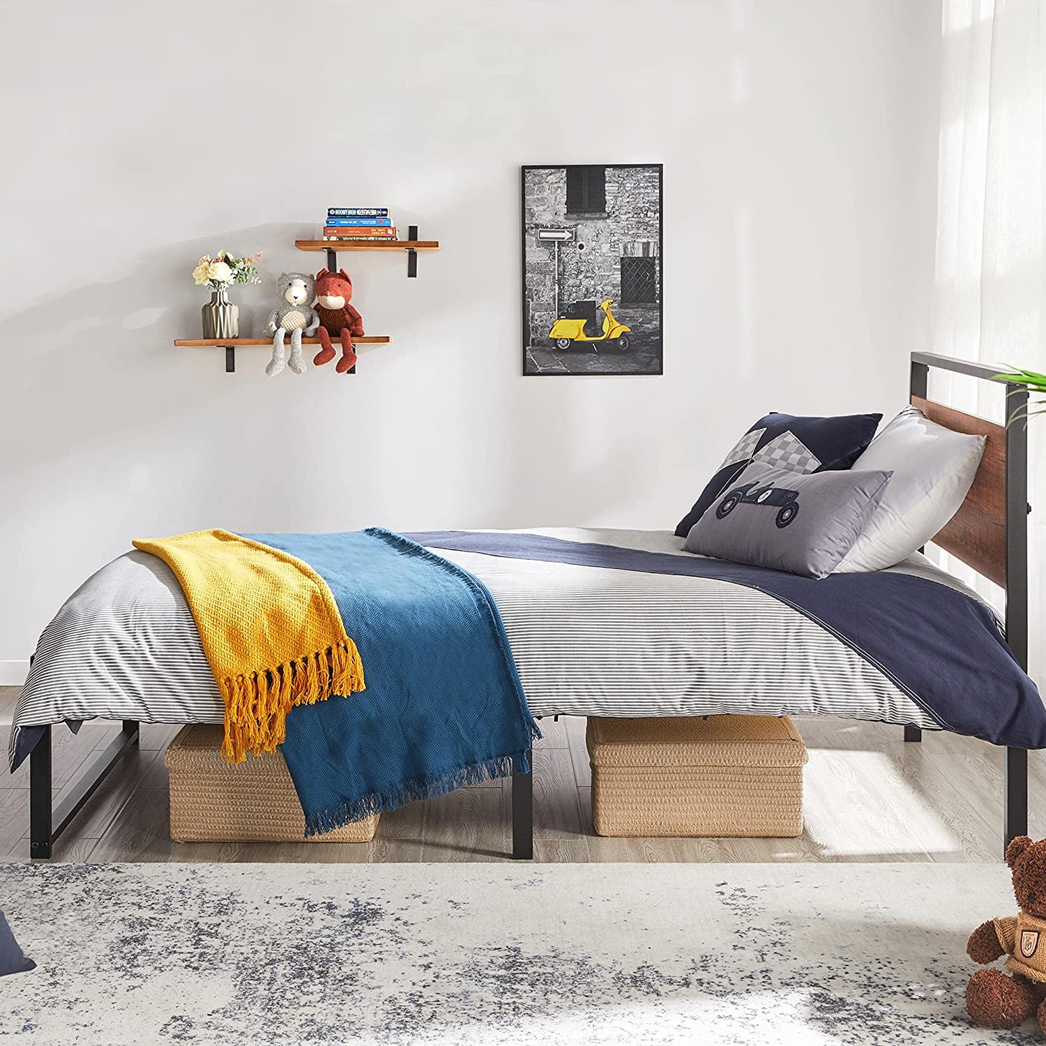 Twin Metal Platform Bed Frame with Rustic Wooden Headboard and Footboard, Single Country Bed for Boys& Girls, No Box Spring Needed/12 Inch Underbed Storage/No Noise/Easy Assembly, Mahogany