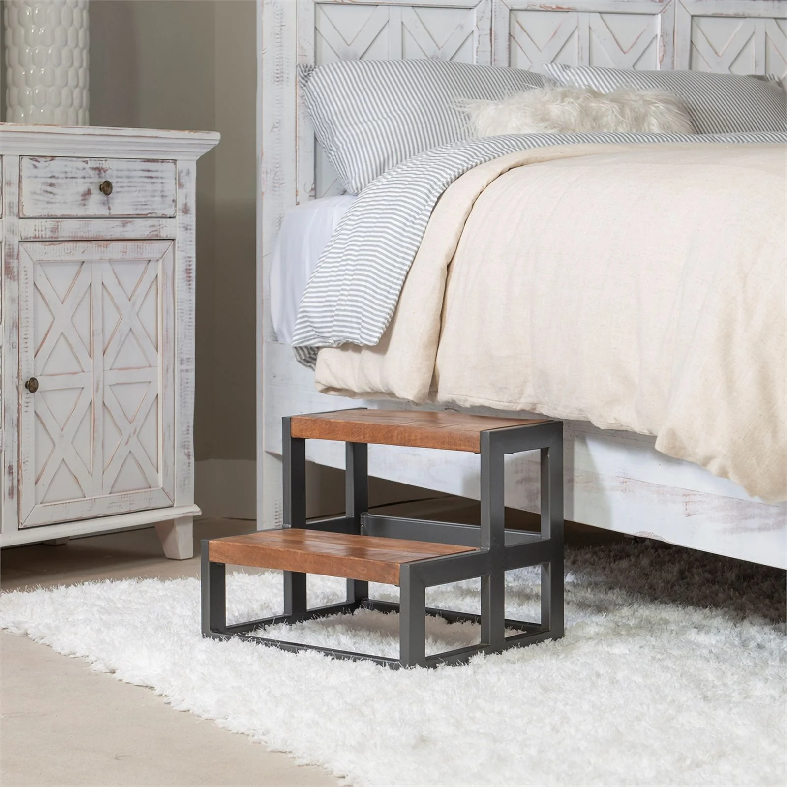 Linon Benny Sturdy Wood Bed Steps Minimalist Style Iron Frame in Gunmetal Gray