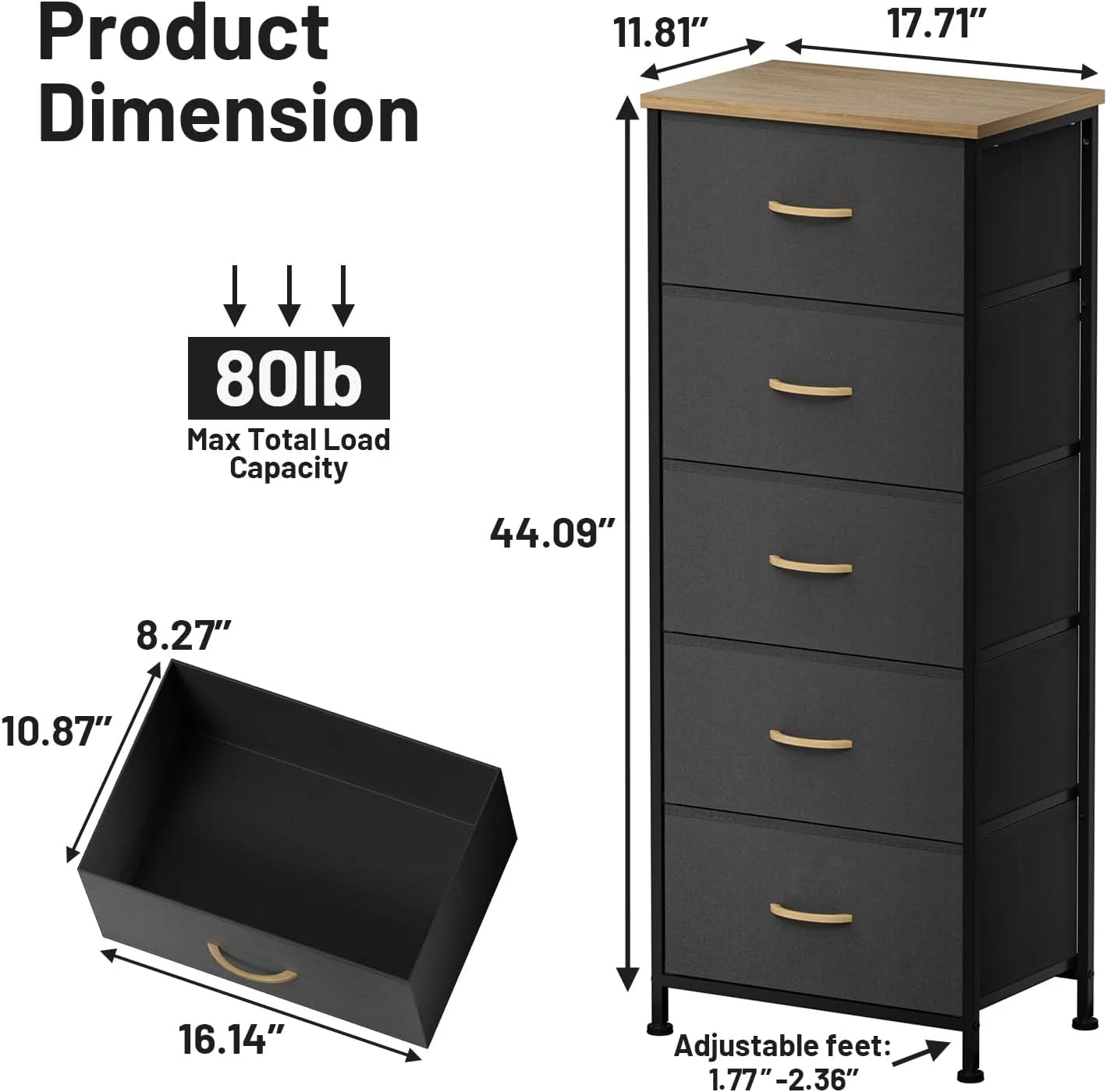 Dresser for Bedroom with 5 Drawers, Tall Storage Tower for Closet, Living Room, Nursery, Black Dresser with Sturdy Steel Frame, Fabric Bins, Wood Top, Black