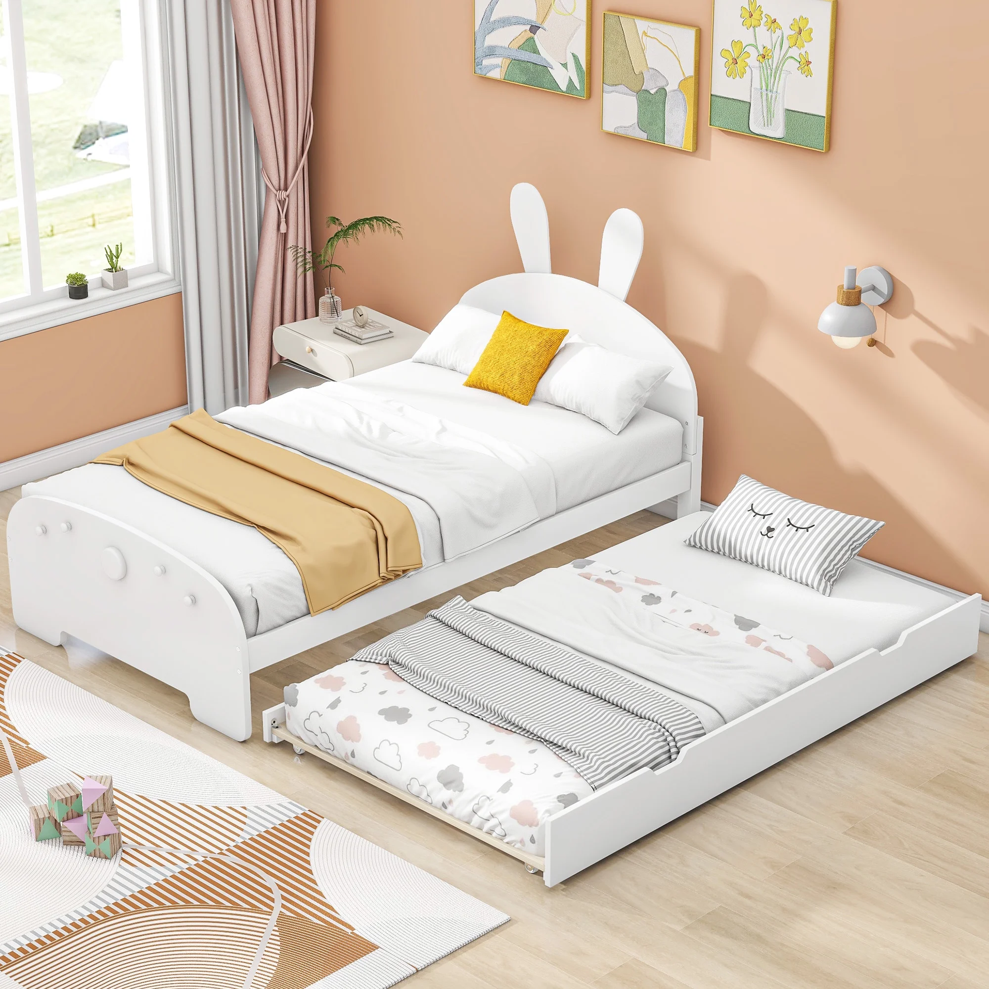 Twin Size Wood Platform Bed with Cartoon Ears Shaped Headboard and Trundle, Wood Platform Bed Frame with Headboard(White, Twin)
