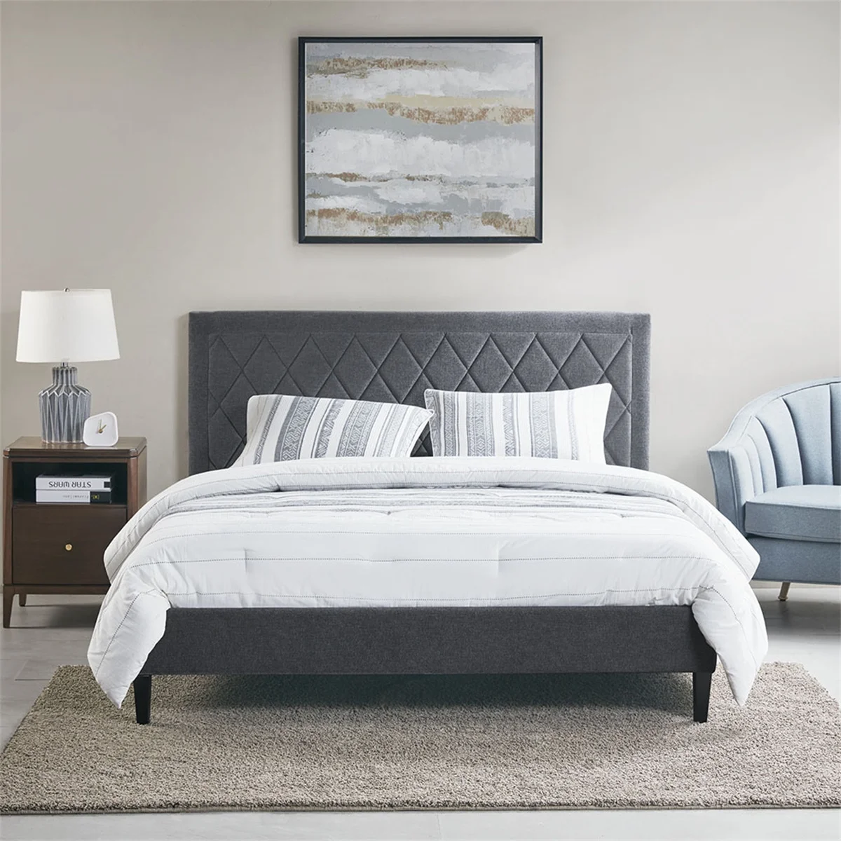 Queen Size Bed Frame with Headboard, Wood Slat Support, No Box Spring Needed