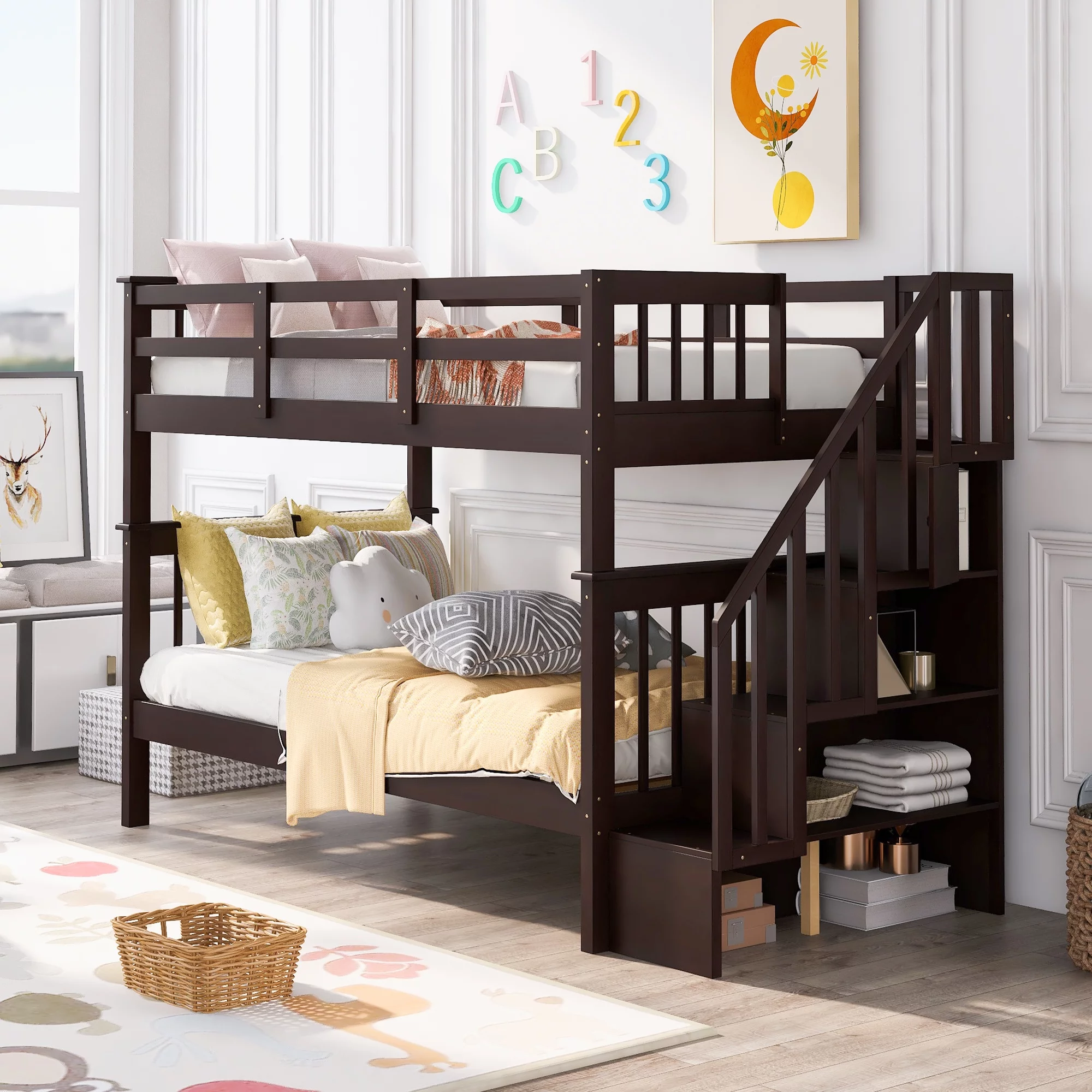 Abanopi Stairway Twin-Over-Twin Bunk Bed with Storage and Guard Rail for Bedroom, Dorm, Espresso color