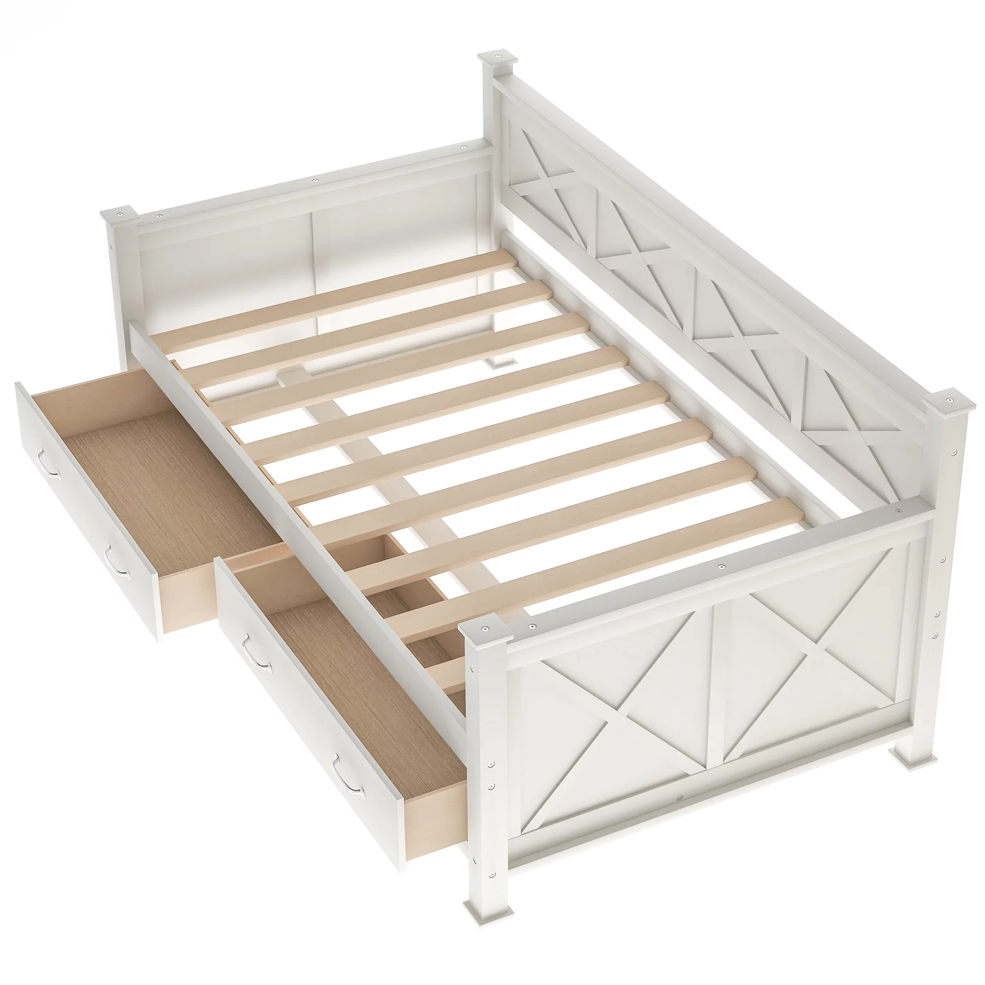 Solid Wood Twin Daybed with 2 Large Drawers, Rustic Design Cream White
