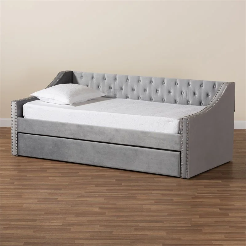 Bowery Hill Contemporary Velvet Upholstered Twin Size Daybed w/ Trundle in Gray