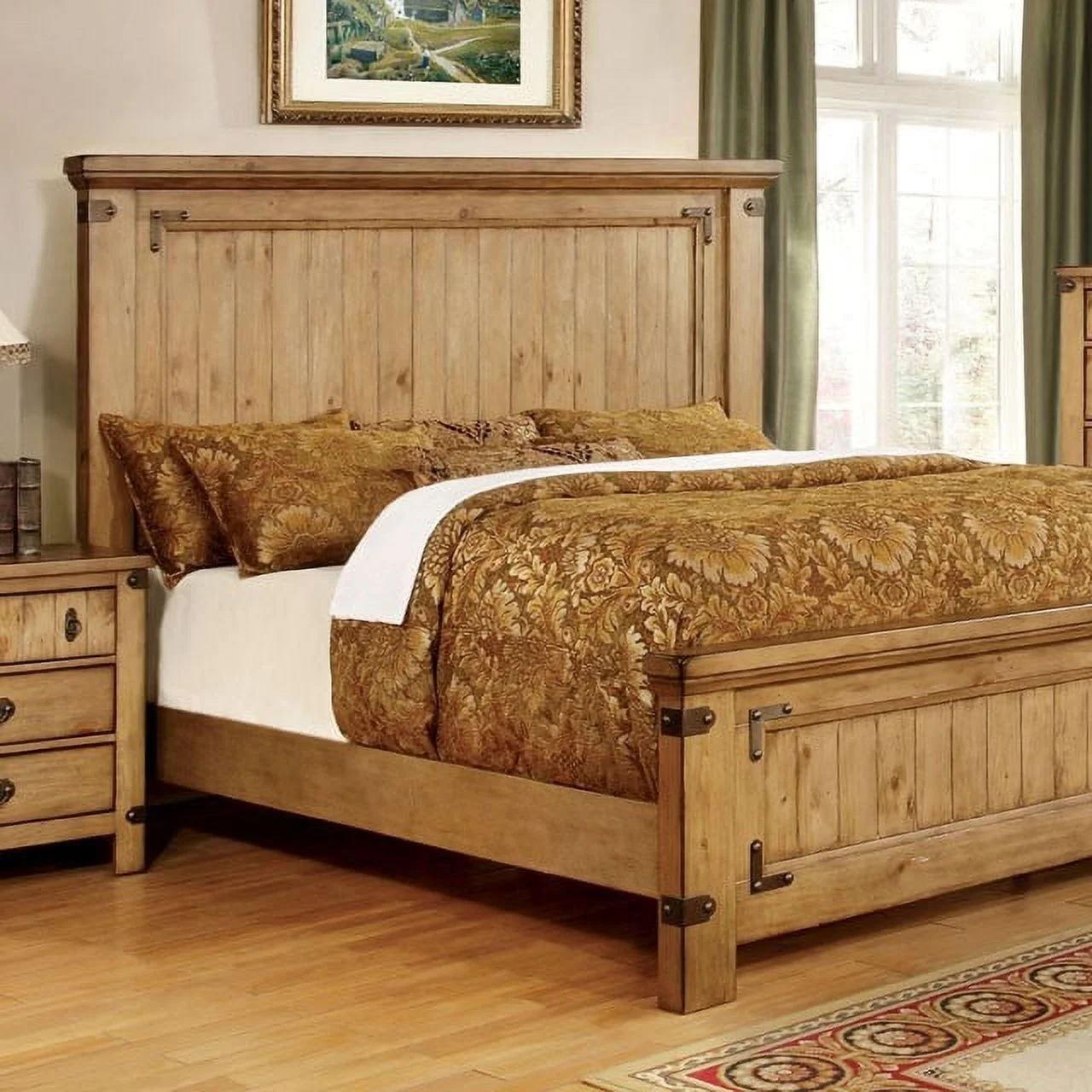 Cottage Style 1pc Eastern King Size Bed Solid wood Plank Unique Headboard Footboard Natural Weathered Elm Bed frame Bedroom