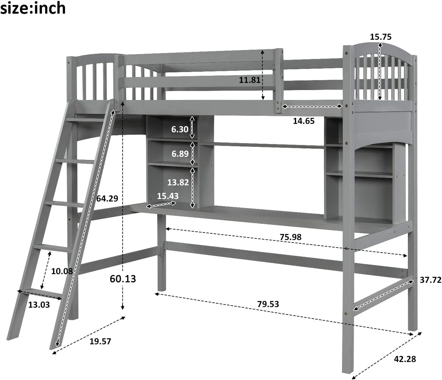 Wood Loft Bed With Desk Ad Shelves, Solid Wood Loft Bed Frame With Storage For Kids Tees Adults, Gray