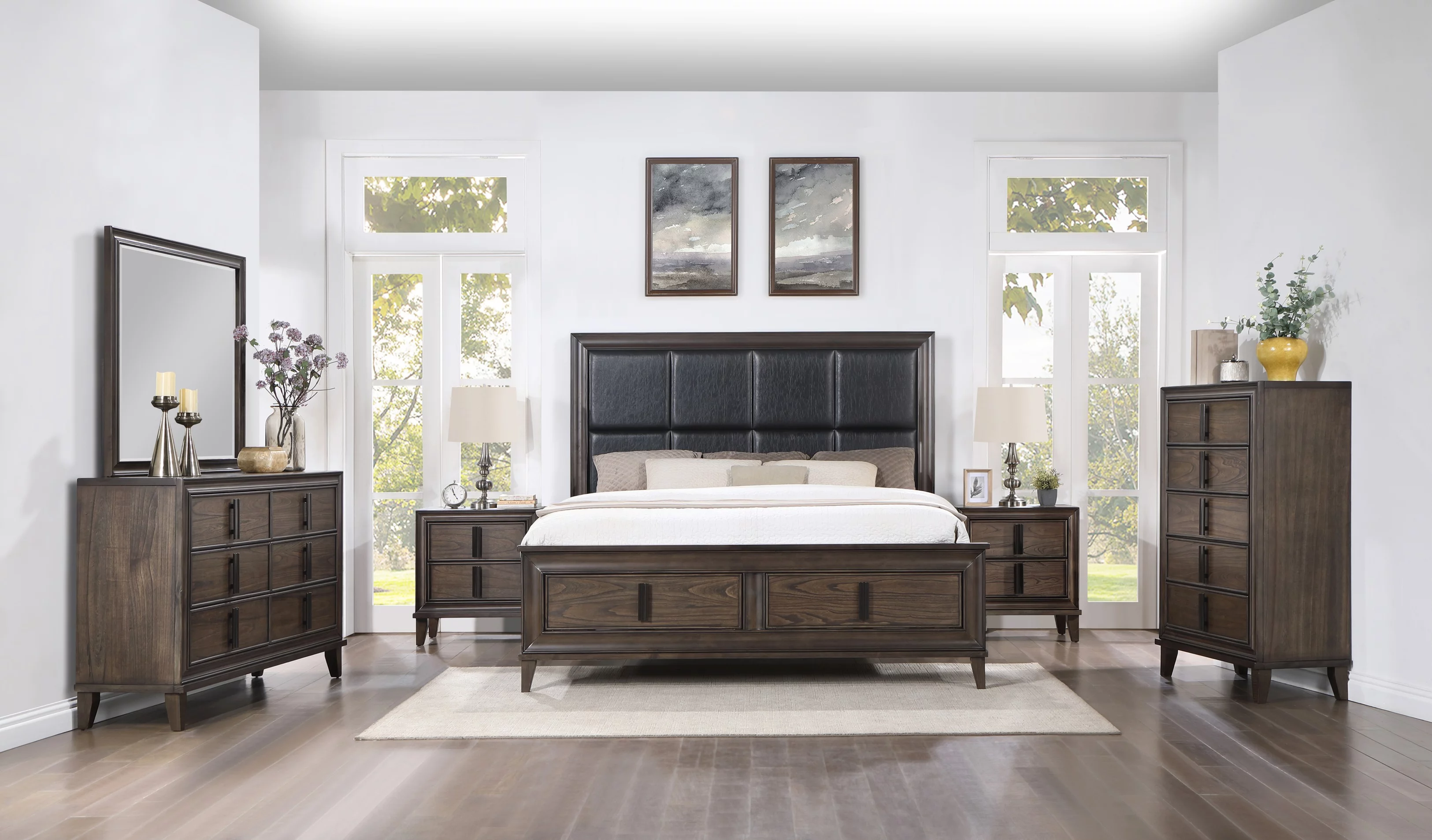 Roundhill Aetheria Contemporary Wood 6-Piece Upholstered Storage Bedroom Set in Dark Brown