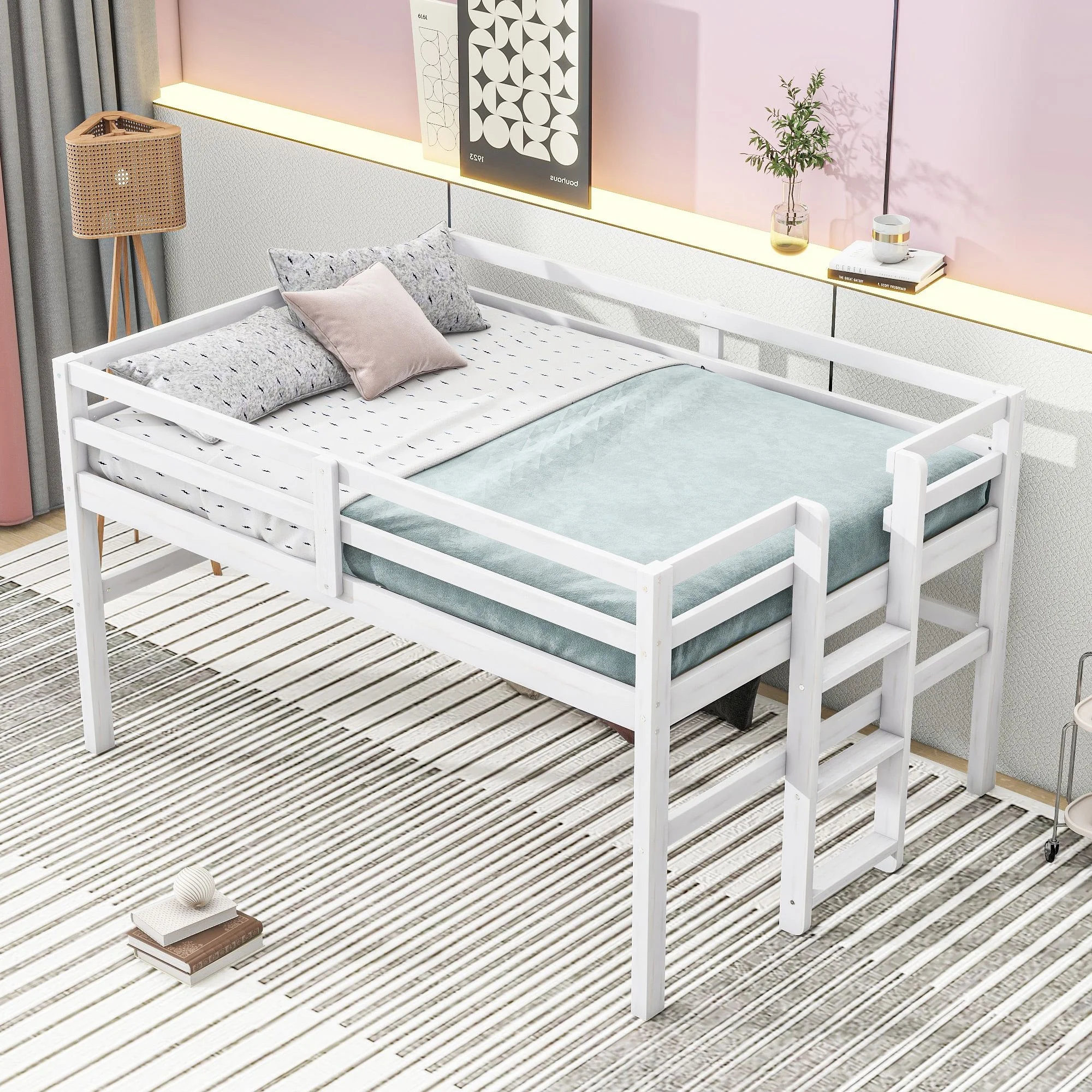 Twin Size Low Loft Bed with Side Ladder, Sturdy Wooden Loftbed Frame with Ladder & Safety Guardrail for Teens Bedroom, Space Saving Design