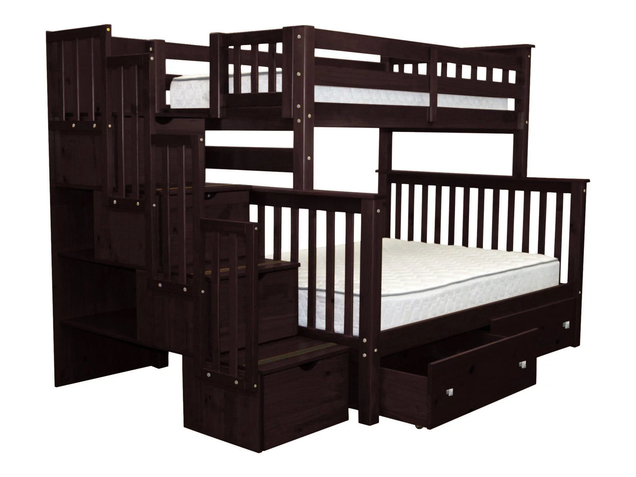 Bedz King Stairway Bunk Beds Twin over Full with 4 Drawers in the Steps and 2 Under Bed Drawers, Dark Cherry