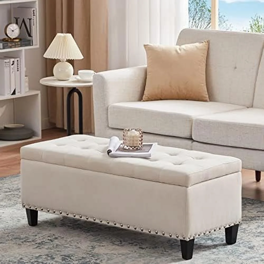 KHBIULIFE 41-inch Ottoman Upholstered Fabric Bench with Button-Tufted Window Ottoman Bench for Bedroom Entryway Living Room End of Bed Bench (Light Blue)