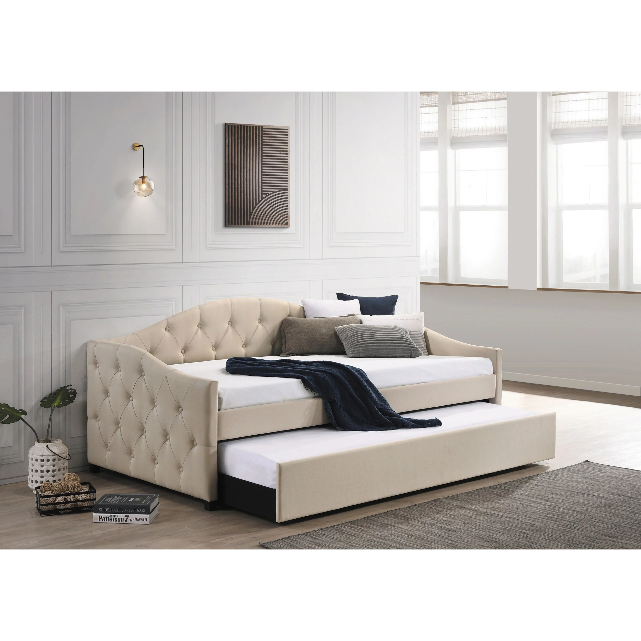 Madeira Upholstered Tufted Camel Back Twin Daybed with Trundle Taupe