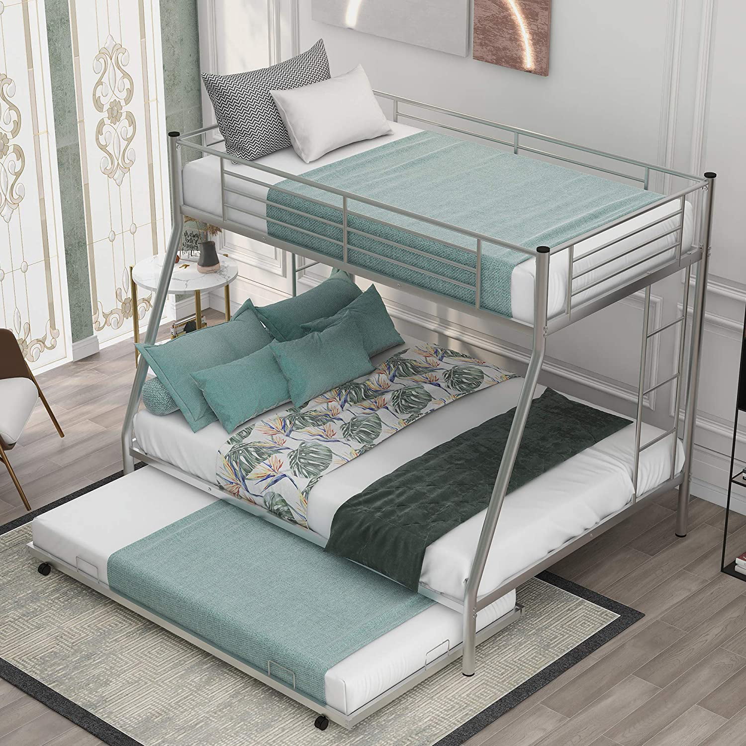 Churanty Twin Over Full Bunk Bed with Trundle, Metal Bunk Bed Steel Frame,Silver