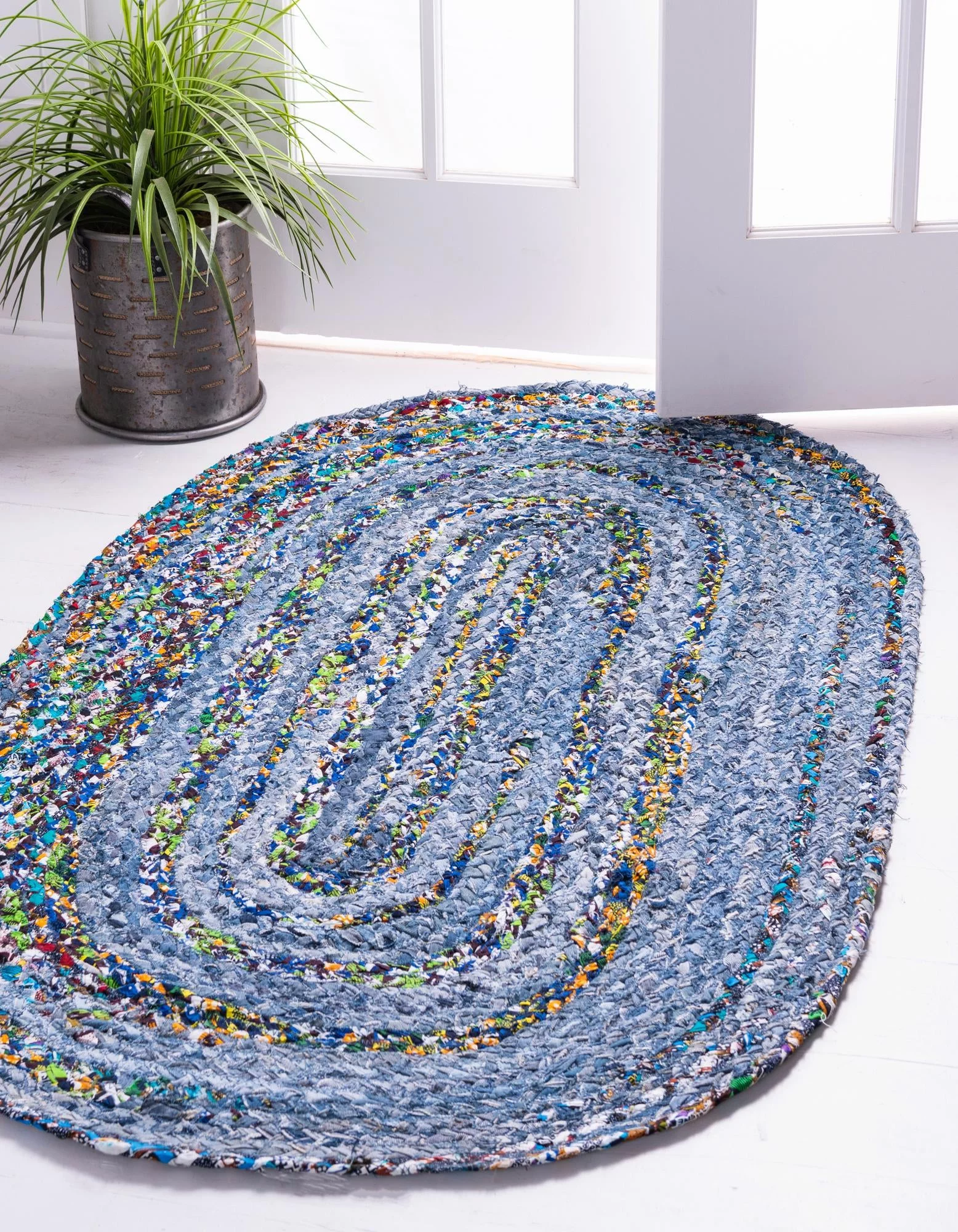 Unique Loom Braided Chindi Rug Blue and Multi/Green 5' 1