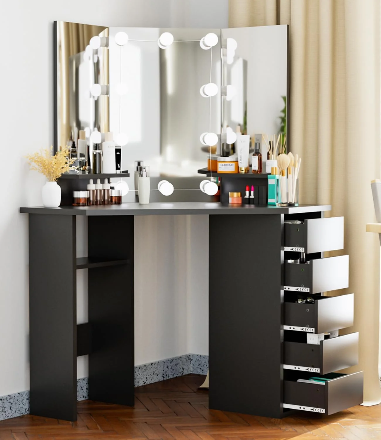 SEJOV Corner Vanity Desk with Tri-Flod Mirror, Lighted Makeup Vanity Table with 5 Drawers and Shelves for Bedroom, Vanity Dressing Table for Makeup, Black