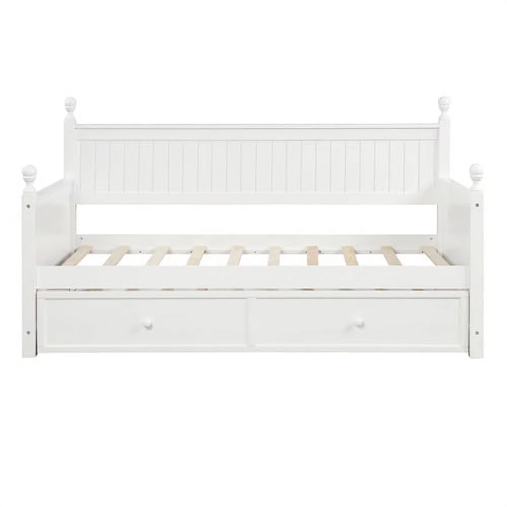 Wood Daybed Twin with Trundle , Twin Size Daybed Sofa Bed Frame Frame with Trundle /Twin Bed Frame, No Box Spring Needed (White)