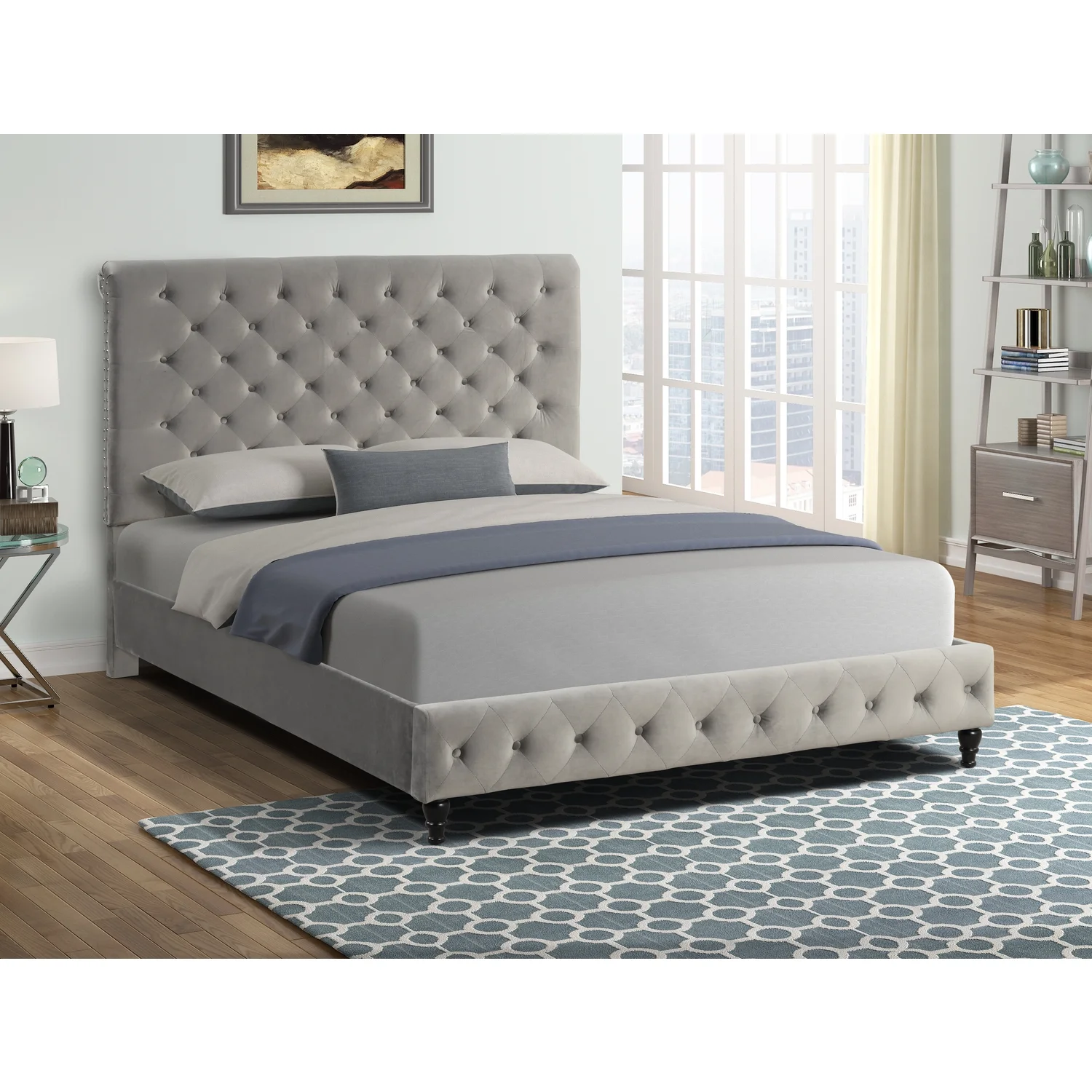 Ashley Tufted Velvet Fabric King Platform Bed in Gray