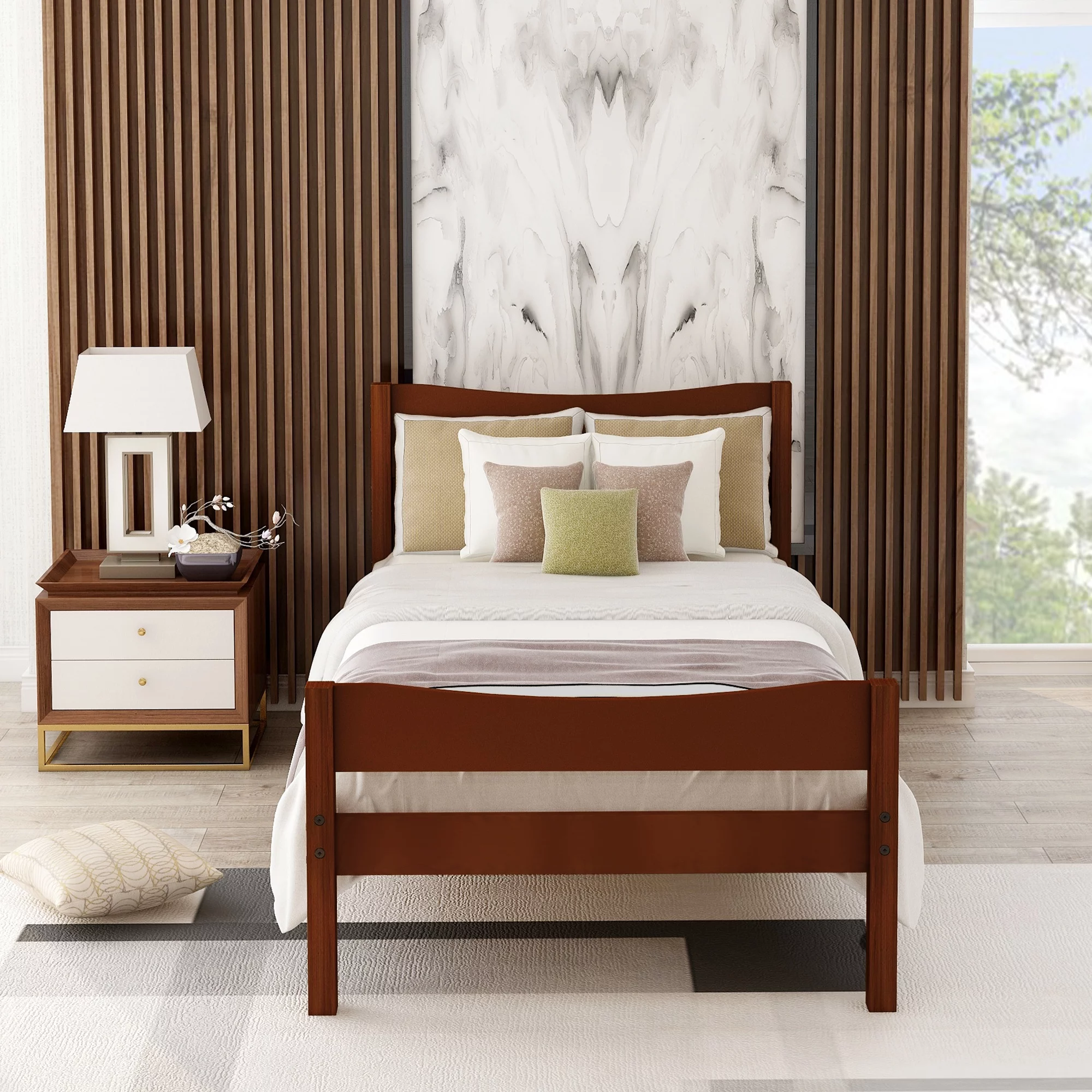Nestfair Walnut Twin Wood Platform Bed with Headboard