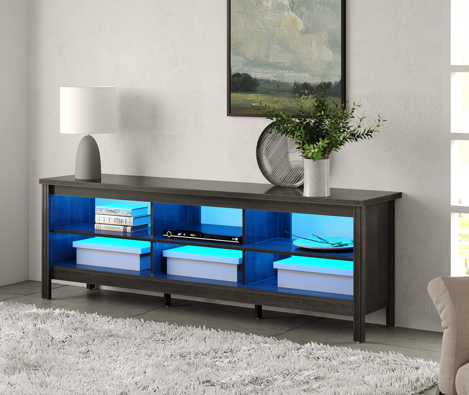 LED TV Stand for 75 inch TV Entertainment Center Black TV Console Table with 6 Storages for Living Room Bedroom, 70