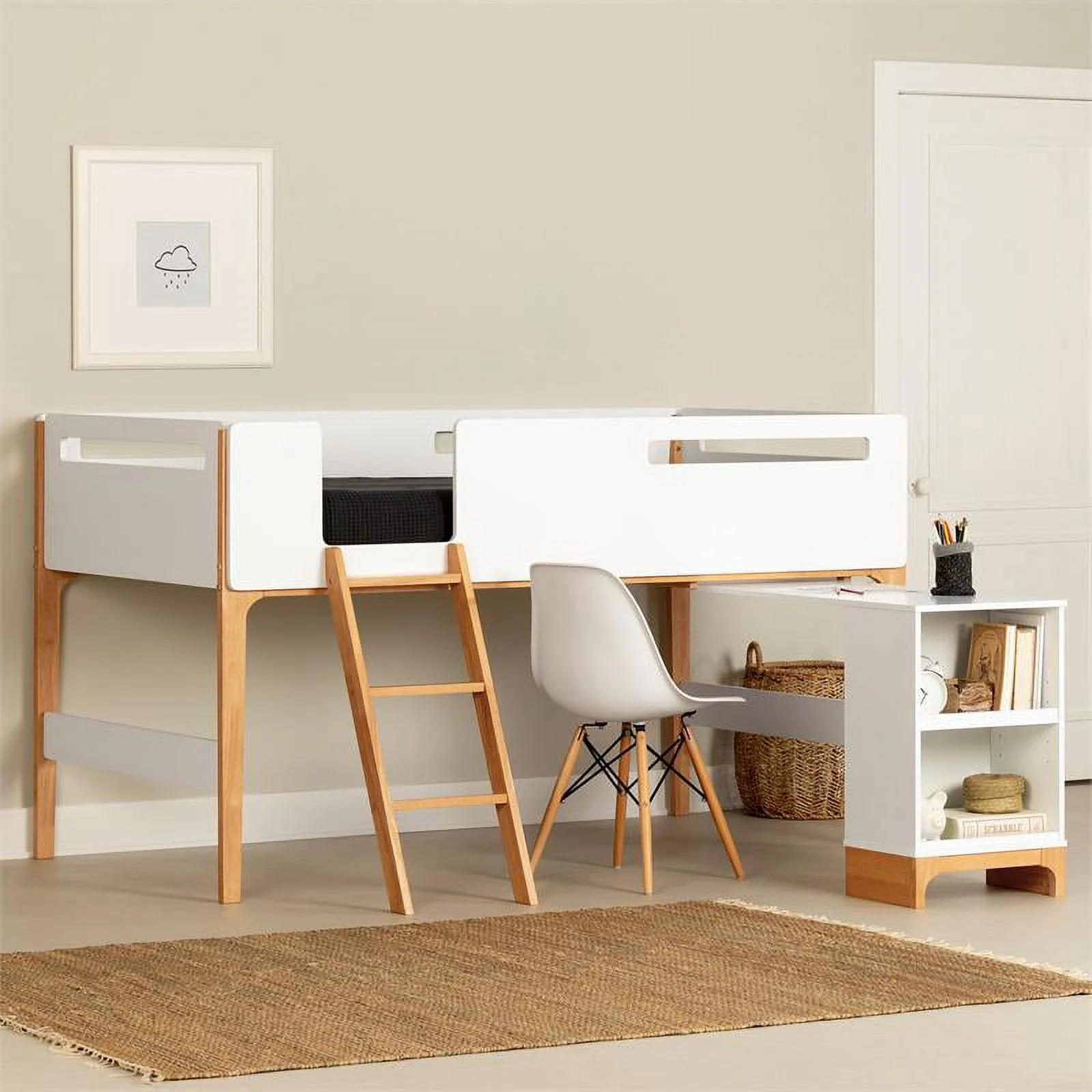 Pemberly Row Scandinavian Wood Twin Loft Bed with Desk in White & Natural