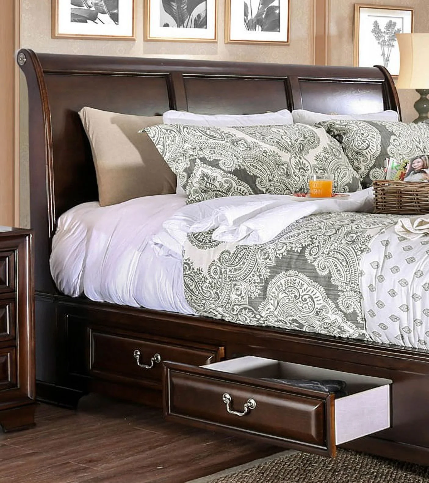 Brown Cherry Storage Queen Size Bed 1pc Set Bedroom Furniture Solid wood Rail Drawers Wood inlay Nickel Pulls Storage Drawers Bed