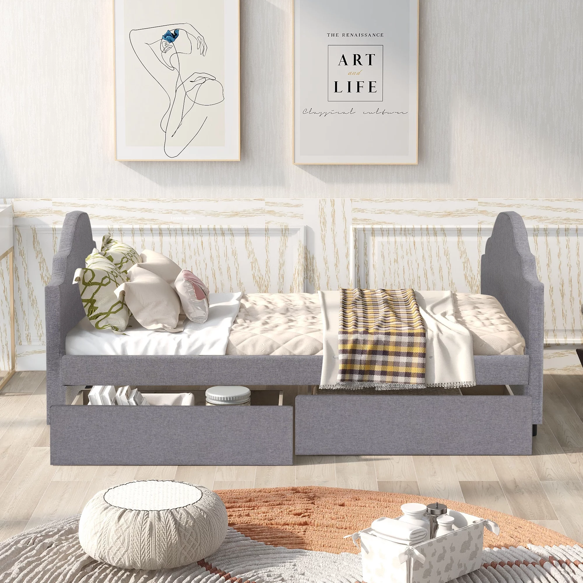 EUROCO Twin Size Upholstered Daybed with Headboard & 2 Storage Drawers, Gray