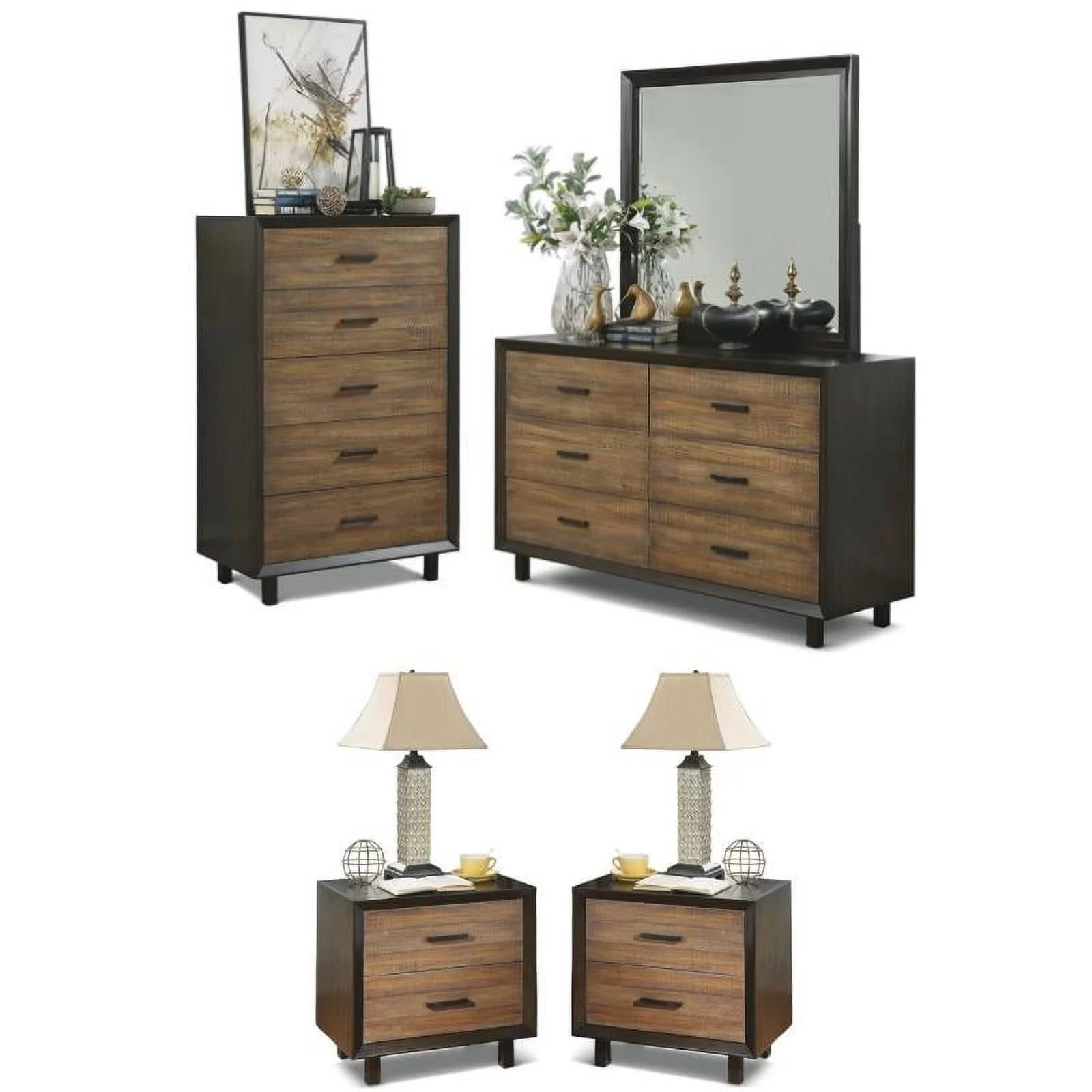 Home Square 4-Piece Set with Drawer Chest & Dresser & 2 Nightstands in Brown