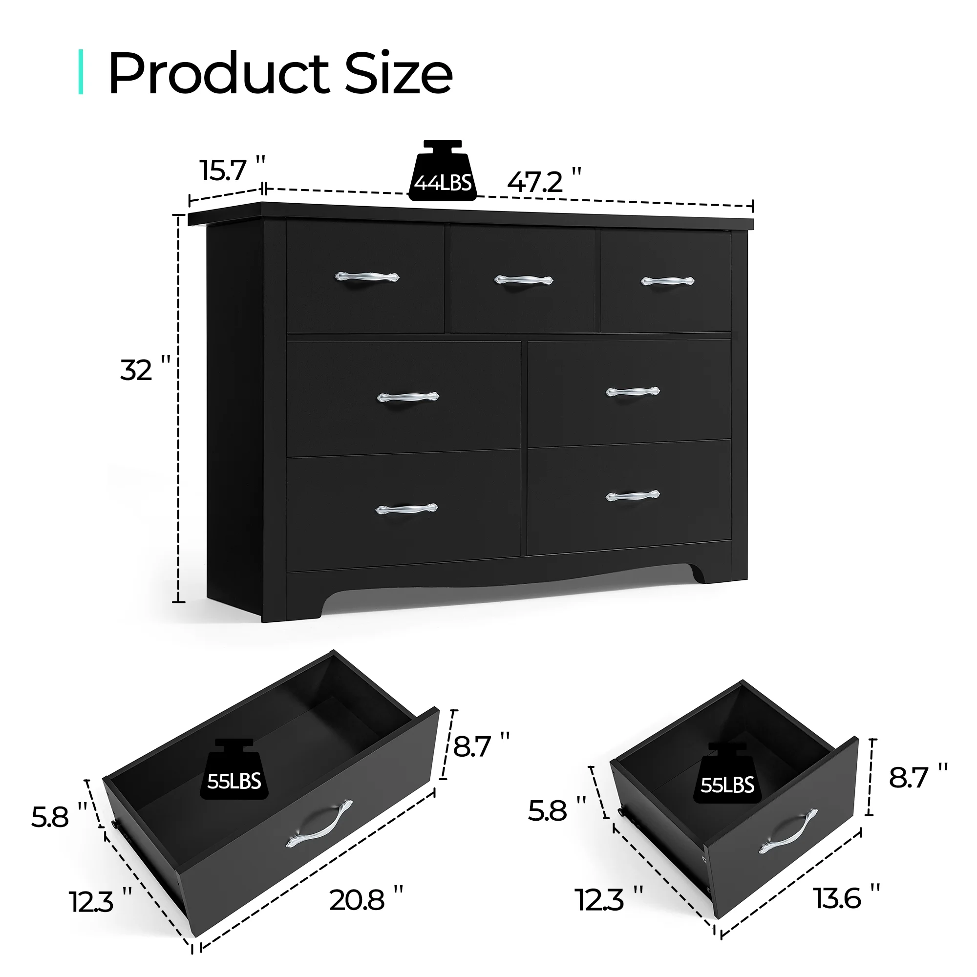 Linsy Home 7 Drawer Black Double Dresser, Wood Storage Cabinet with Easy Pull Out Handles for Living Room, Chest of Drawers for Bedroom