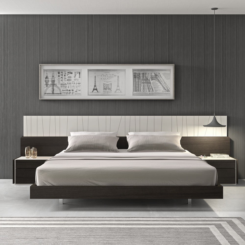 J&M Furniture Porto Premium Bedroom Set in Wenge with Light Grey with 6 piece queen bed, chest, dresser, mirror and 2 nightstand, queen bedroom set