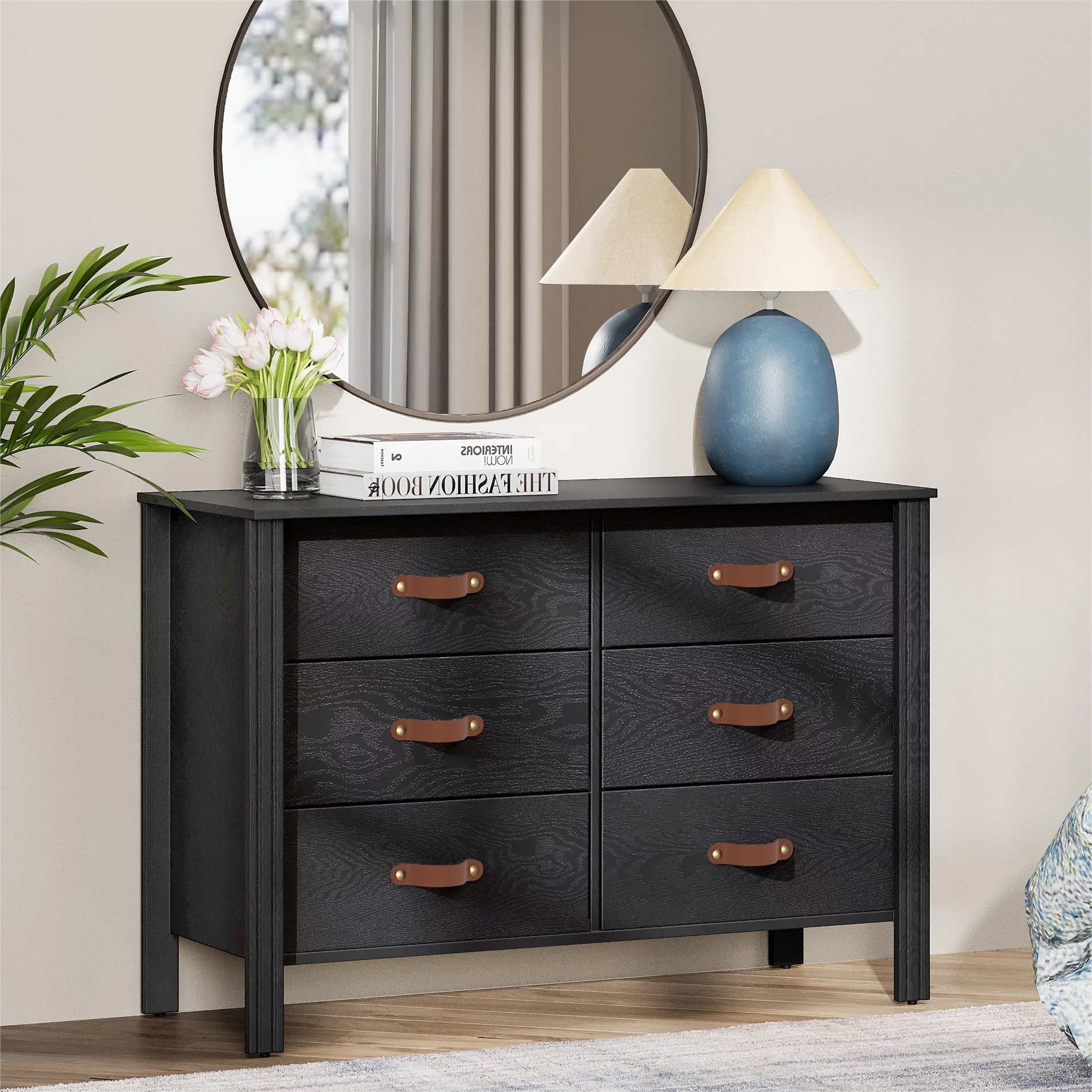 Dresser for Bedroom, Wood Dresser with 6 Drawers, Storage Cabinet for Living Room, Hallway, Black